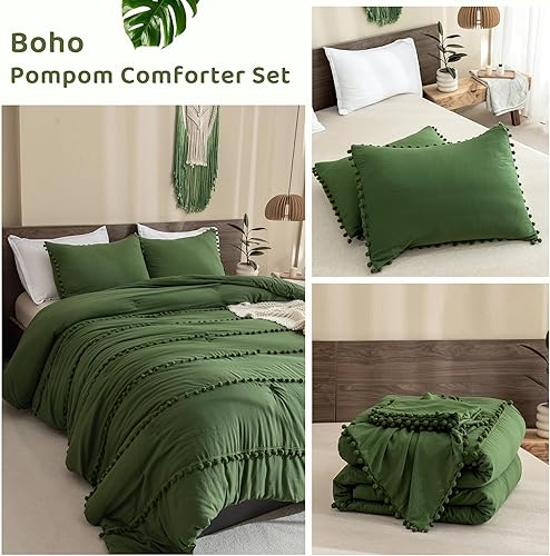 Miniatura 8 de Sanracie Juego de edredón con pompones de color verde oliva, tamaño Queen, juego de ropa de cama bohemio verde oscuro, juego de ropa de cama ligero