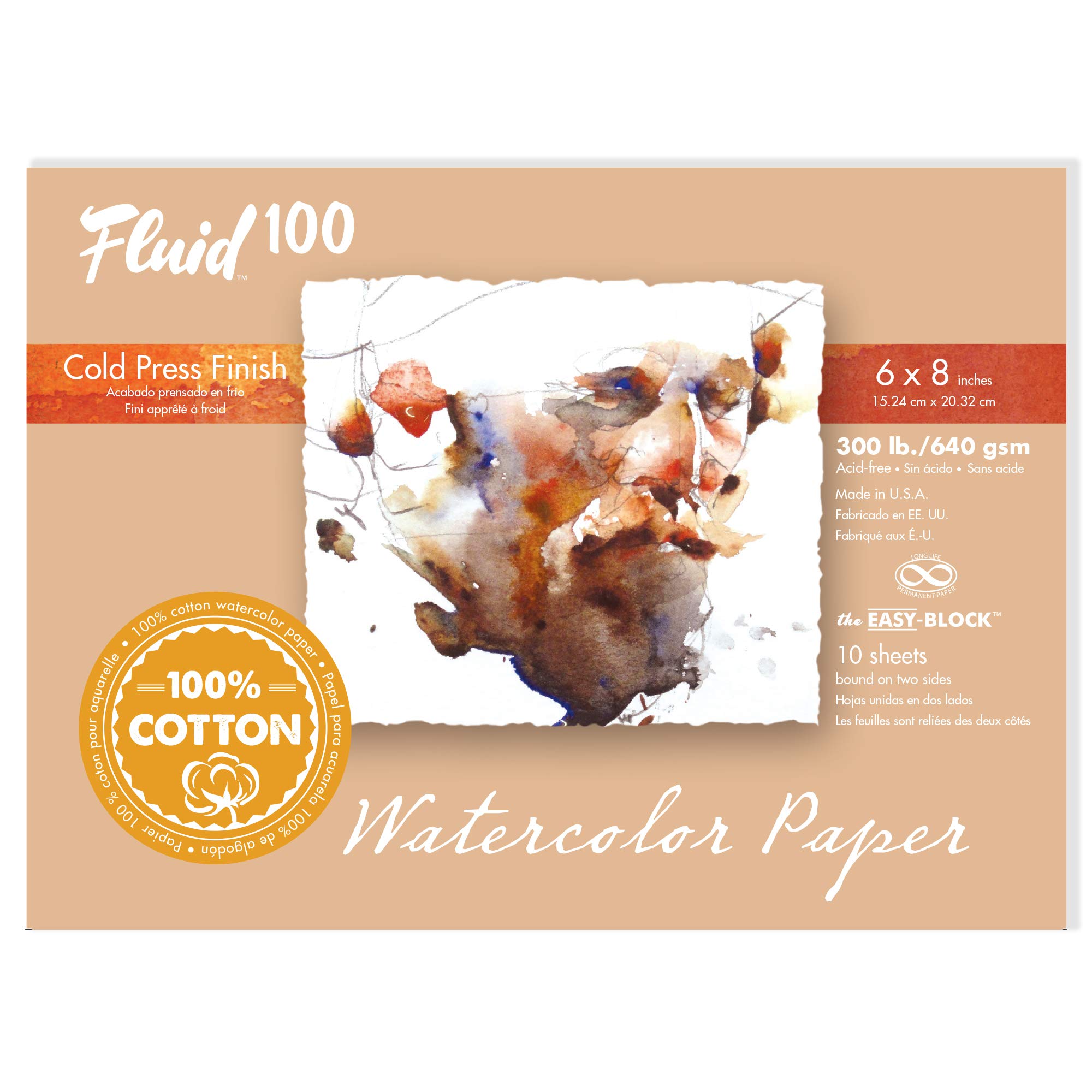 Fluid 100 Watercolor Block, 6 x 8 inches, 10 Sheets, 300 lb (640 GSM) 100% Cotton Cold Press Pad for Artist Painting and Wet Media