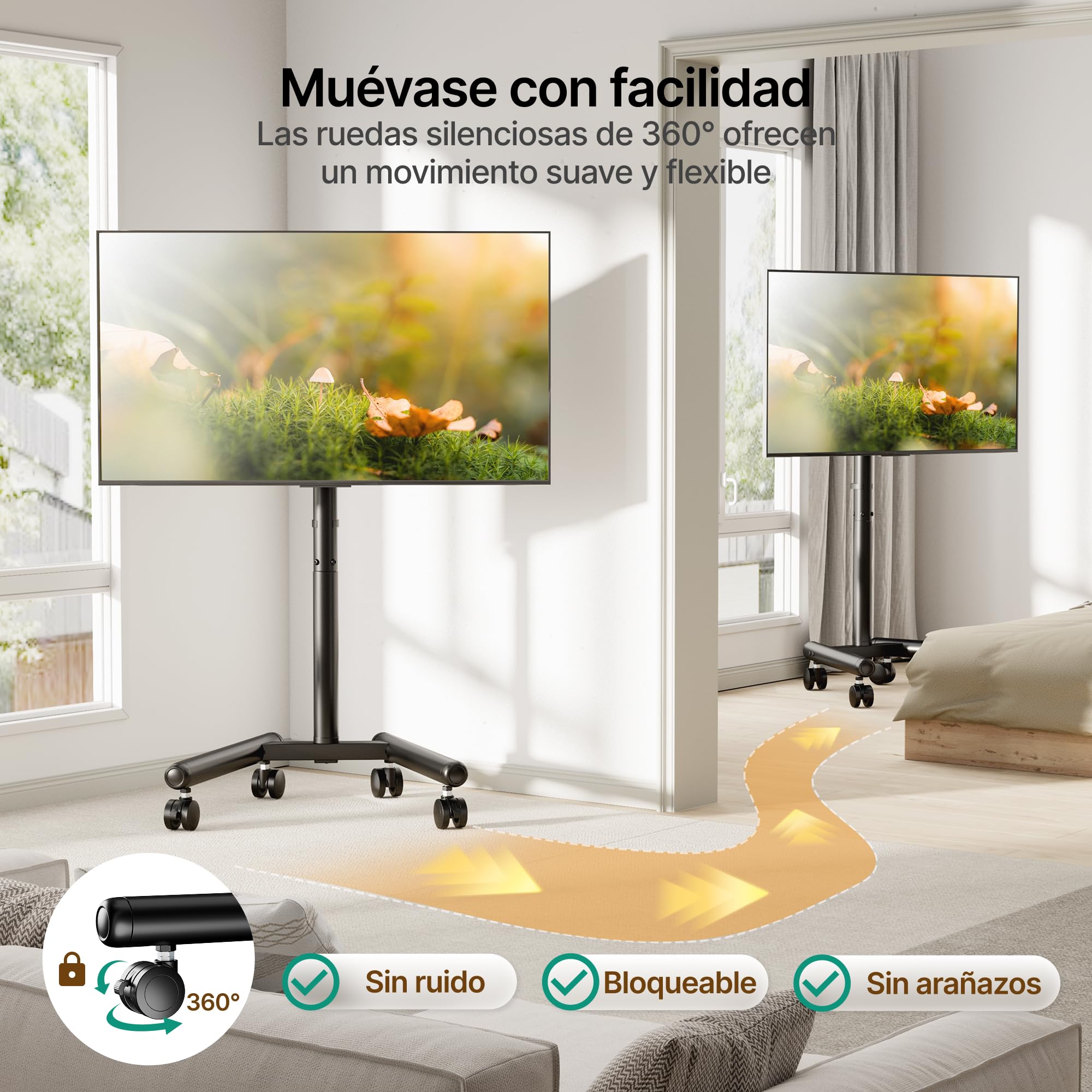 Soporte TV con Ruedas 13-50" | Soporta 25 kg, VESA 200x200, altura ajustable, giro 360° e inclinación, ruedas silenciosas, diseño ahorra espacio