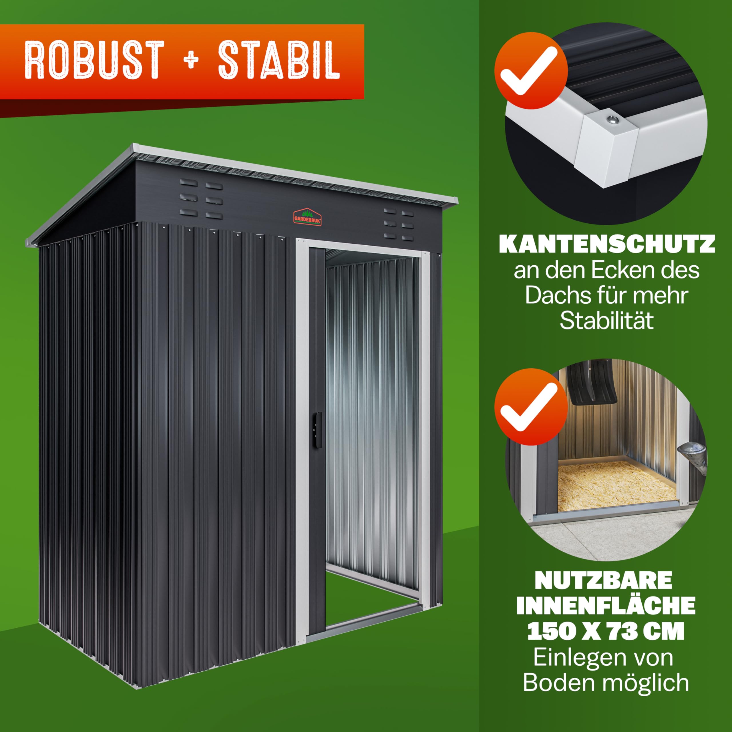 GARDEBRUK® Geräteschuppen 185x165x90cm 1,5m² Schiebetür 20kg Halter Handschuhe Belüftung rostfreies Metall Pultdach Anthrazit Gerätehaus Gartenhaus