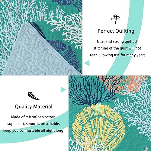 Miniatura 4 de Tritard Juego de edredón costero de 3 piezas tamaño matrimonialqueen, edredones reversibles de microfibra con 2 fundas decorativas, ropa de cama de