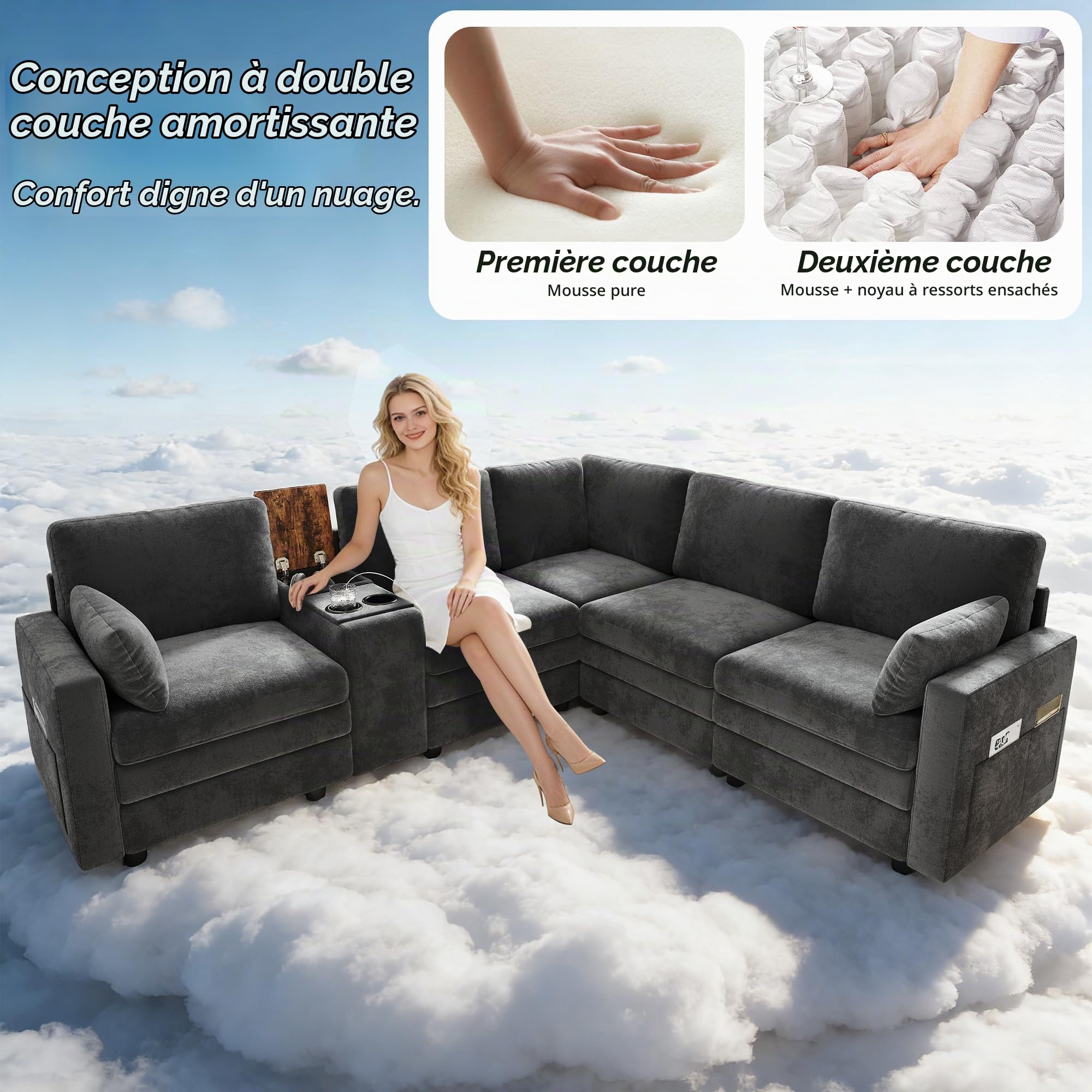 Sapgaks Canapé d'angle en Forme de L avec USB et Porte-gobelet,Canapé modulaire 5 Places avec Console Centrale Rabattable et Espace de Stockage,Canapé Nuage,Convient pour Le Salon et la Chambre,Gris