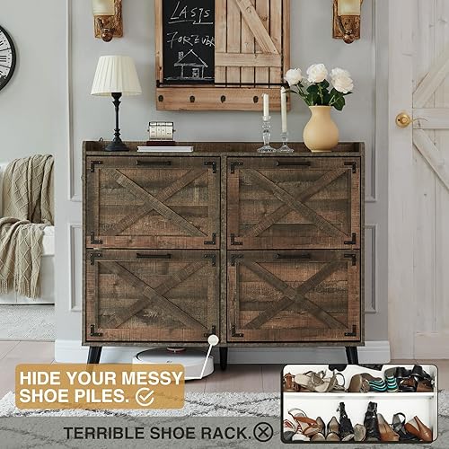 Miniatura 10 de Armario de almacenamiento de zapatos, organizador de zapatos de granja con 4 cajones abatibles y diseño de puerta de granero, armario independiente