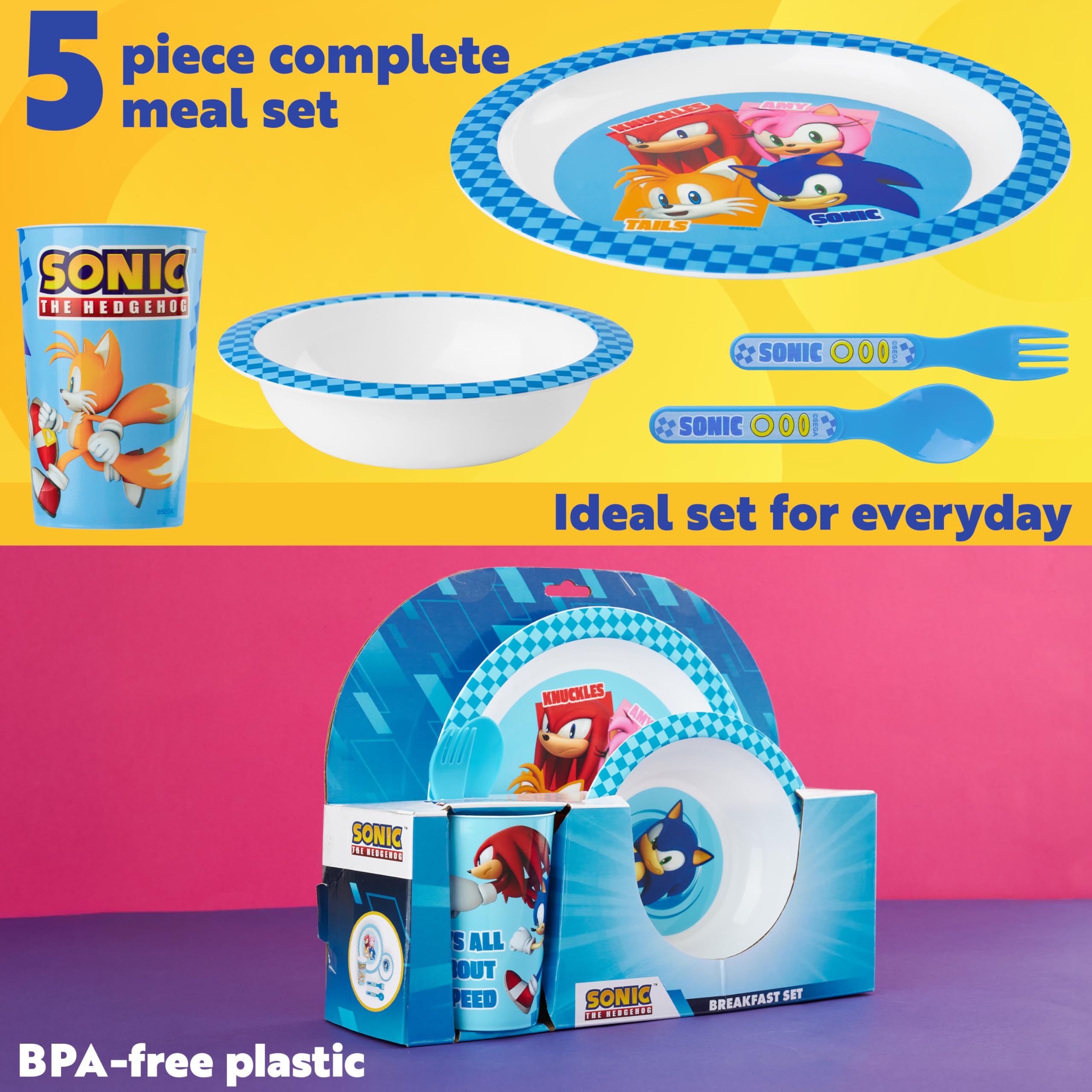 Get Trend SONIC THE HEDGEHOG Set Stoviglie Bambini, Posate Set 5 Pz Riutilizzabile, Piatti Plastica Ciotola Tazza Cucchiaio Forchetta, BPA Gratuita (Blu Sonic The Hedgehog)