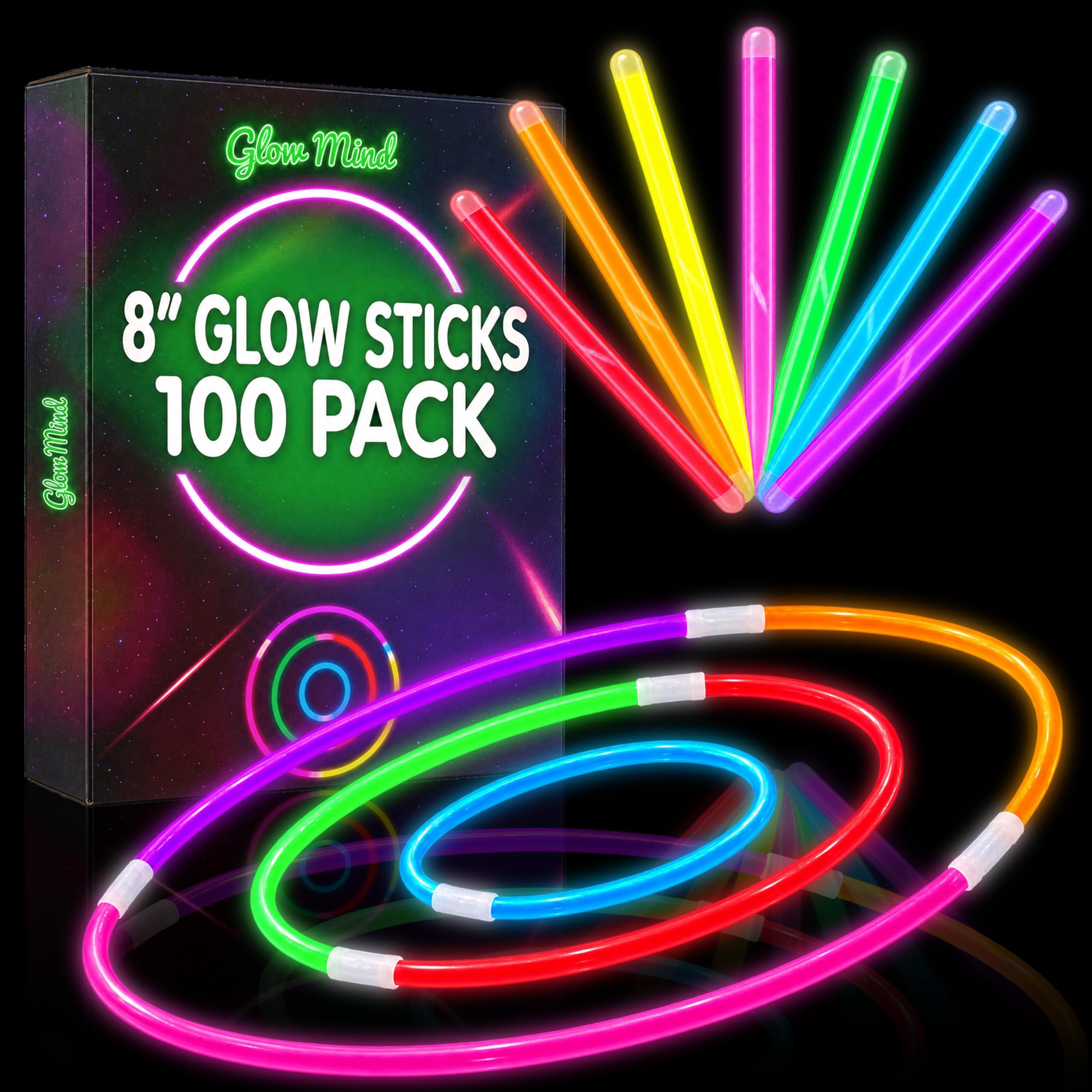 100 Glow Sticks Bulk Party Pack, 8" Halloween Glow Bracelets and Necklaces | Ultra bright neon glow in the dark party supplies with connectors for kids, camping, pool parties and weddings