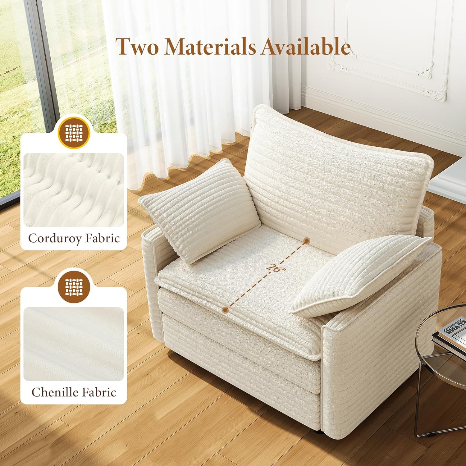 Vesgantti 40" Single Seat Sofa, Comfy Cloud Couch Deep Seat Upholstered Couch Corduroy Modern Sofa with Armrest Pillow, Easy Assembly for Living Room, Bedroom and Apartment, Beige