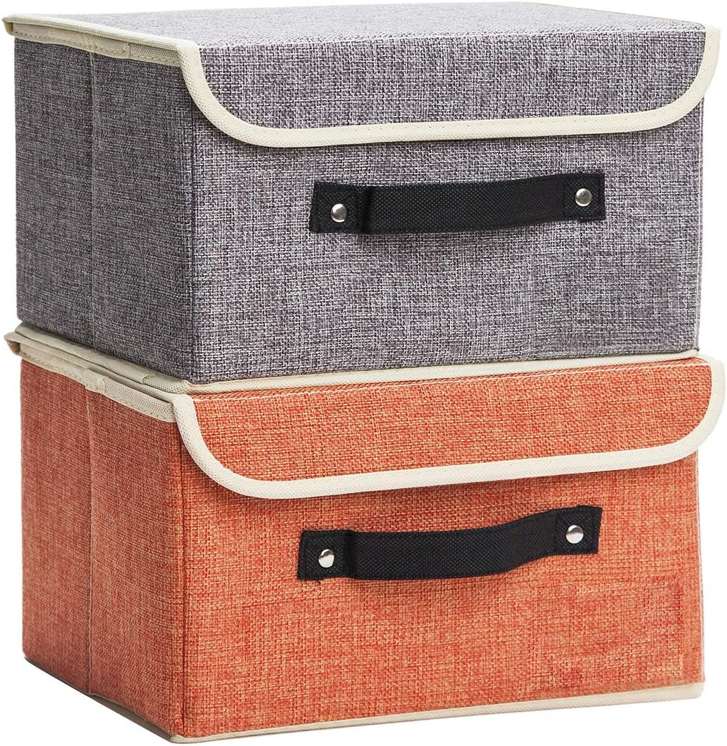 Cajas de almacenamiento pequeñas con tapas, paquete de 2 cestas de almacenamiento plegables de lino con asa y etiqueta, contenedores de almacenamiento de tela plegables de Jane's Home para estante y armario para guardar ropa y juguetes