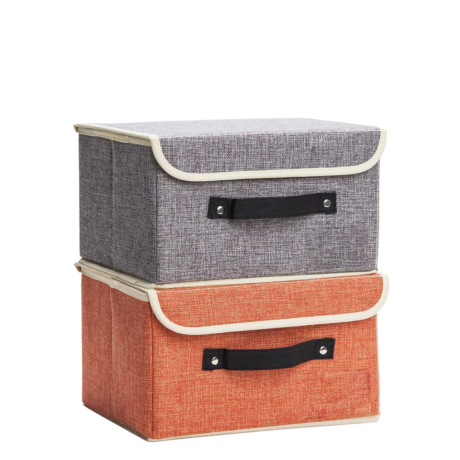 Small Storage Boxes with Lids 2 Pack Linen Collapsible Cube Storage Basket with Handle Label Janes Home Foldable