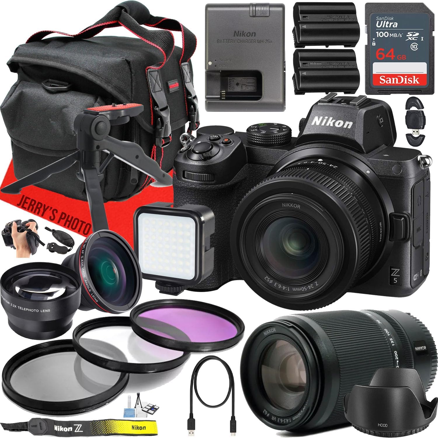 Nikon Z5 Mirrorless Camera with Z 24-50mm f/4-6.3 and Z DX 50-250mm f/4.5-6.3 VR Lens + 64 GB Memory + Extra Battery + LED Light + More (28pc Bundle)
