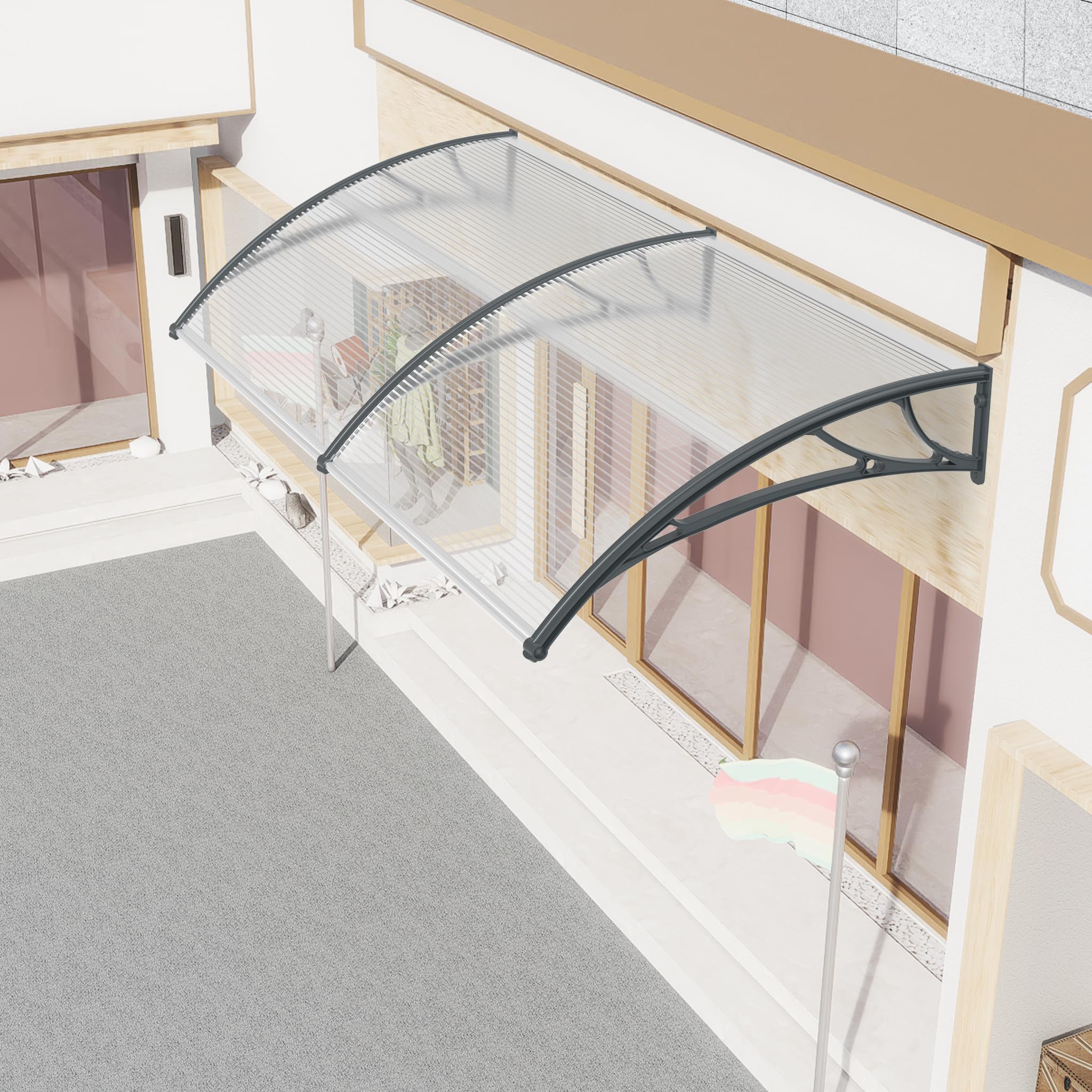 Aufun Vordach für Haustür 200 x 100 cm Pultvordach aus 5 mm Polycarbonat, PP Halterung, Graue Klammer