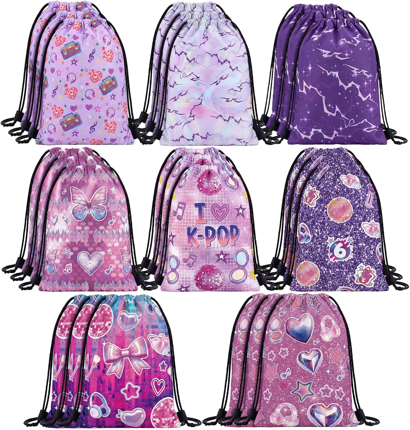 Sunnymove 24 Pcs Kpop Party Favors Kpop Themed Drawstring Bags Y2k Goodie Gift Bags Purple Laser Heart Butterfly Pink Disco Birthday Party Supply Music Concert Supply Snack Candy Treat Decorations