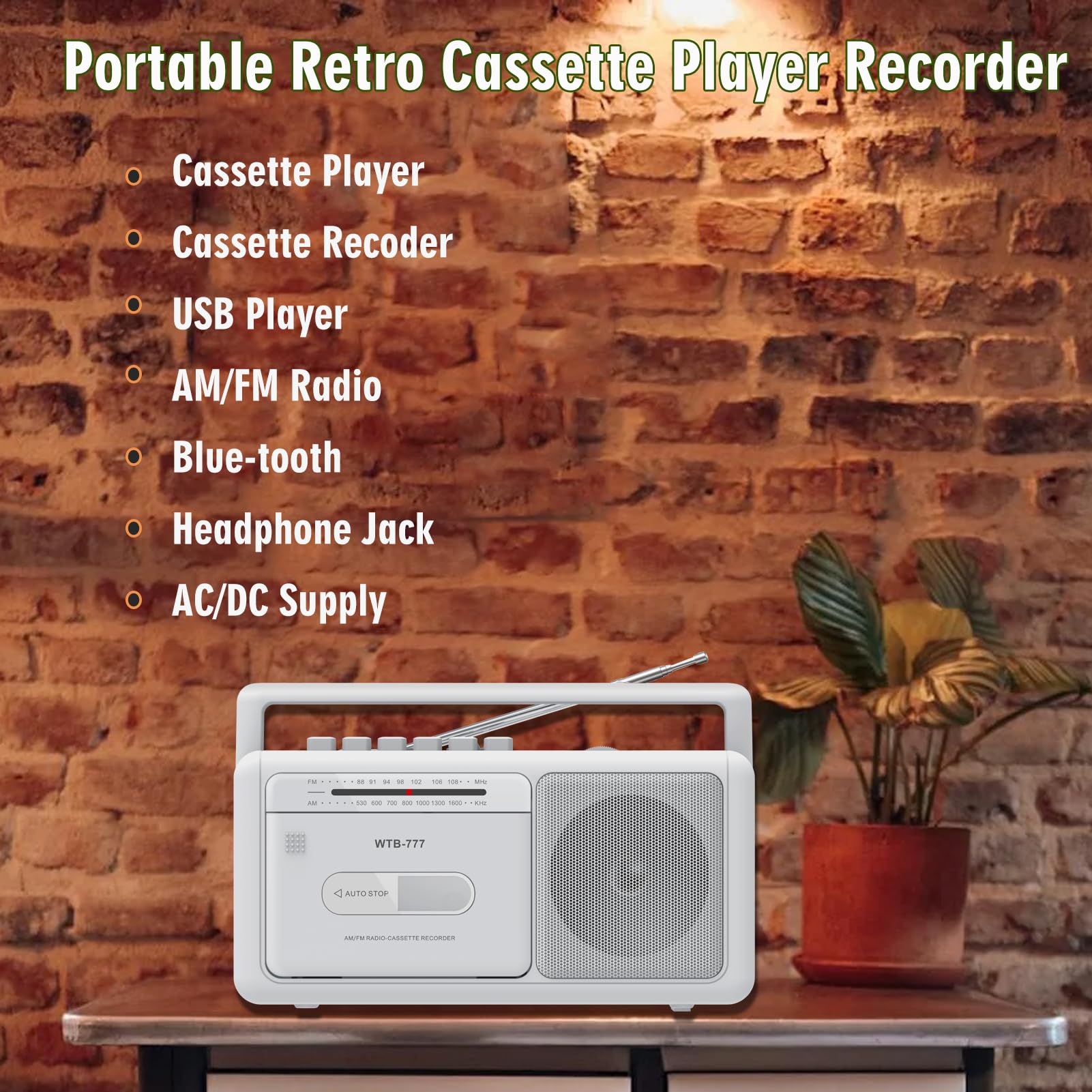 Baladeur Cassette,Lecteur de Cassettes Portable, Radio stéréo AM/FM vintage avec Bluetooth, USB, prise casque, enregistreur cassette portable pour la maison ou l'extérieur