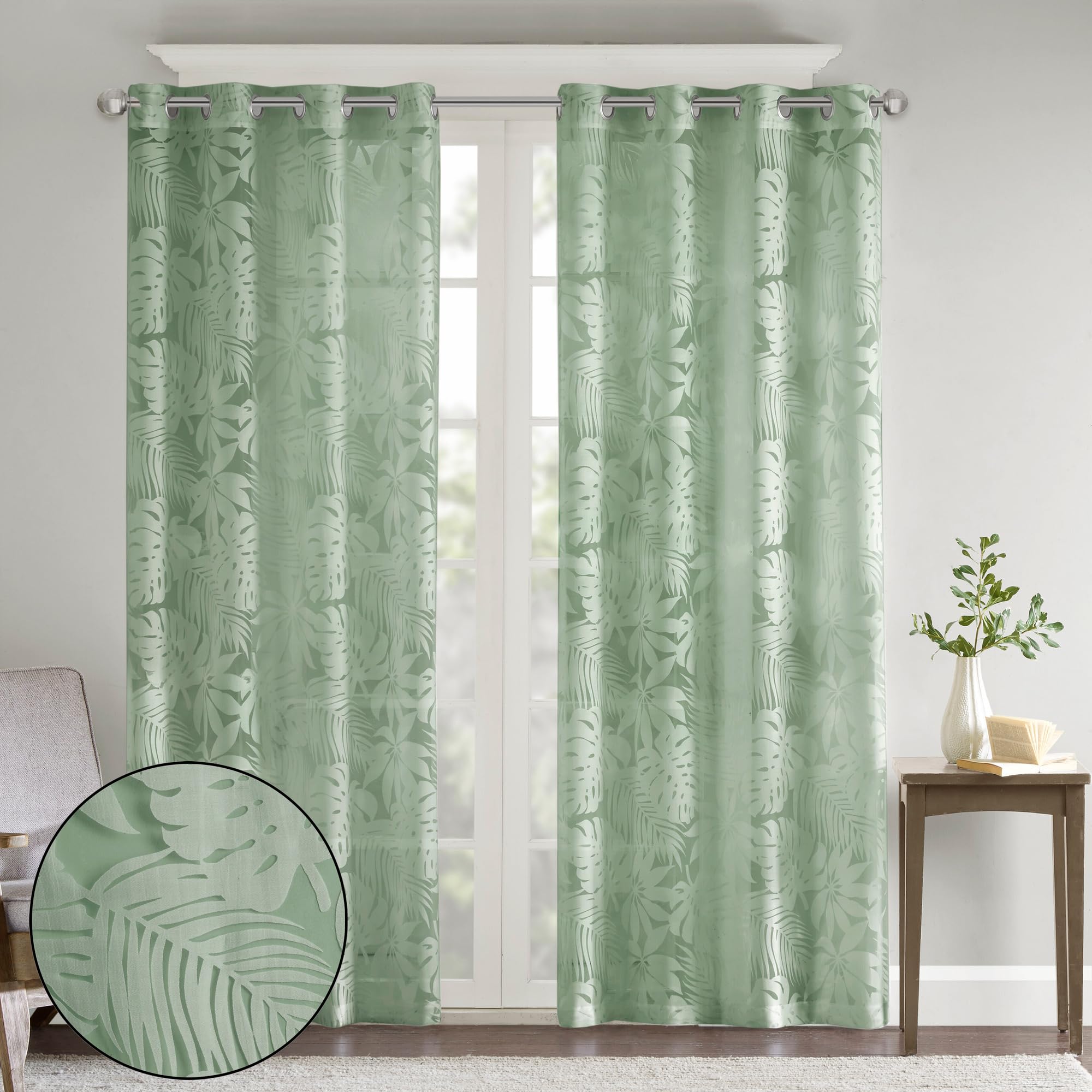 Madison Park 1 Panel Sheer Curtain for Living Room Window, Palm Leaf Burnout Lightweight Bedroom Curtains, Window Shades for Home with Grommet Top, Machine Washable, Leilani, 50x84 Green 1 Piece