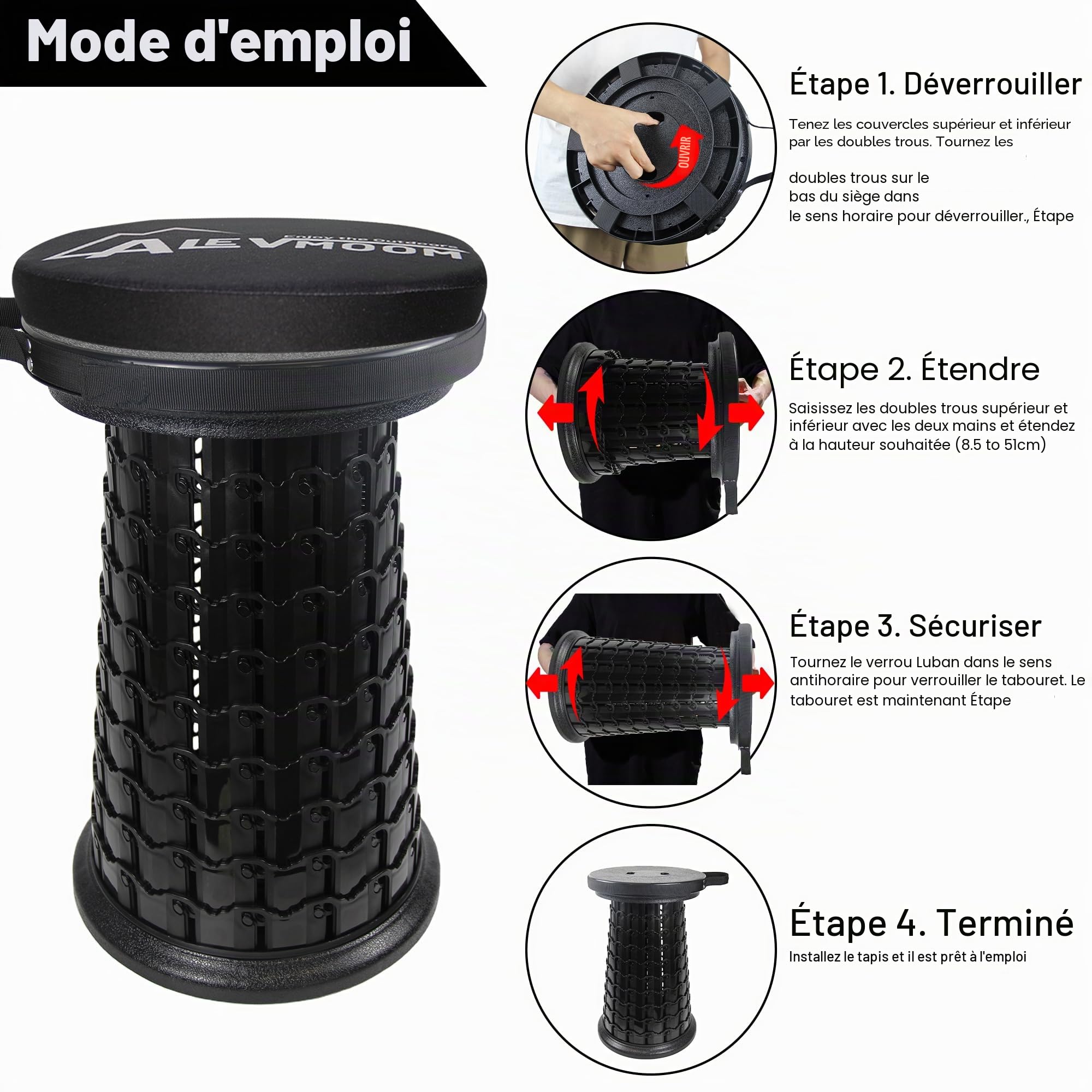 ALEVMOOM Tabouret télescopique Portable avec Coussin épais - Charge maximale : 450 kg - Tabouret Pliable pour l'extérieur, Le Camping, la pêche, la randonnée, Les Voyages