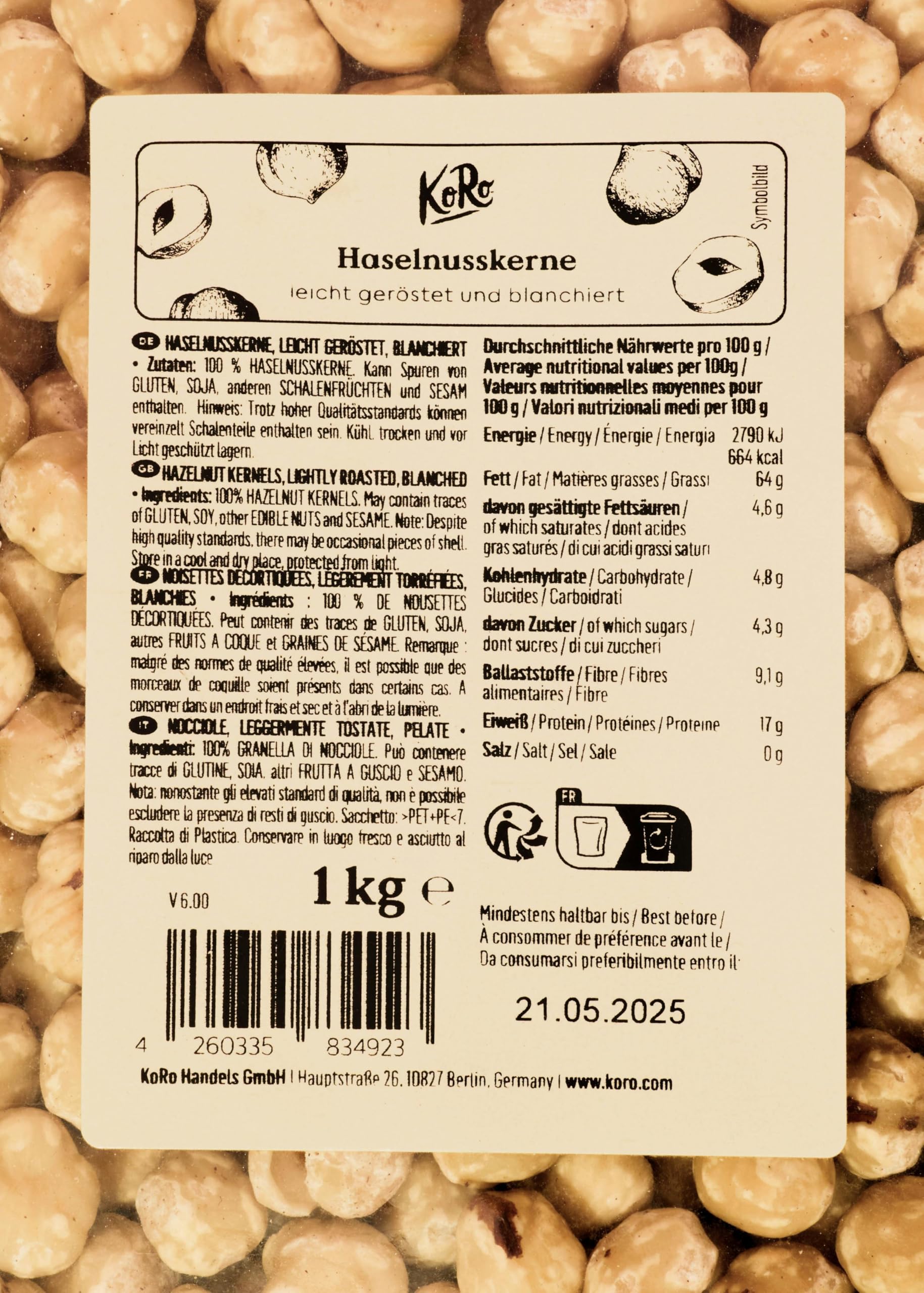 KoRo - Avellanas peladas 1 kg - Sin aditivos ni conservantes - Para hornear o como snack