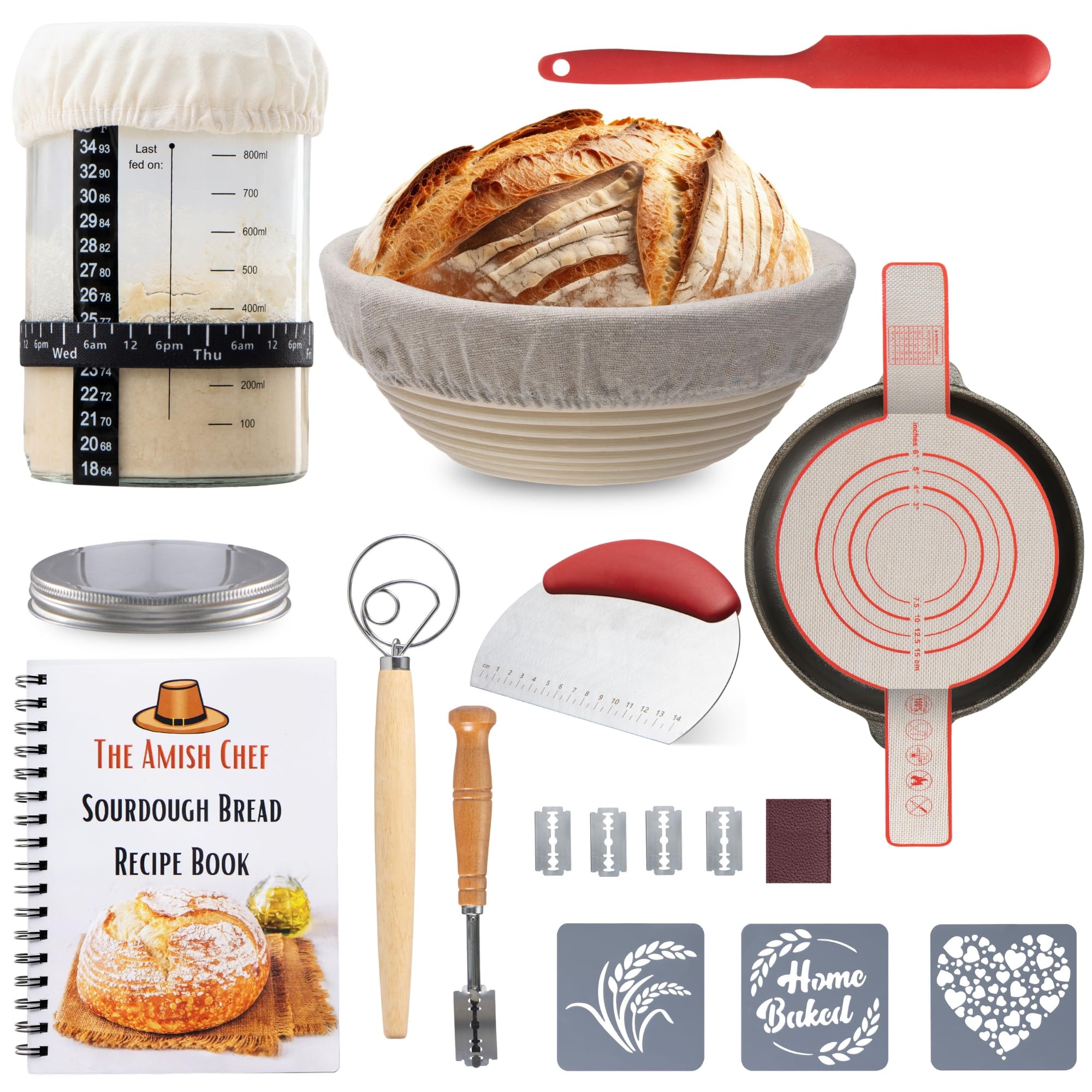 Complete Sourdough Bread Starter Kit, Glass Sourdough Starter Jar Kit & Tons of Sourdough Bread Baking Supplies - Sourdough Starter Kit Includes Sourdough Jar, Banneton Bread Proofing Basket & More
