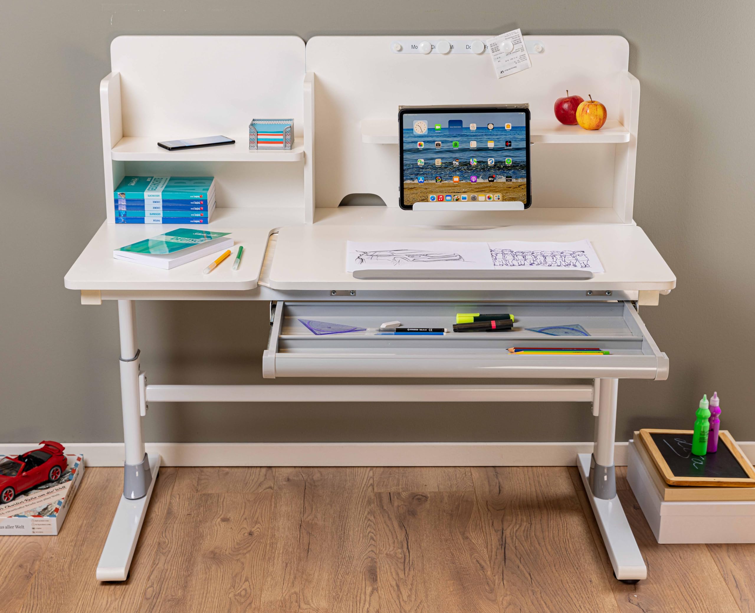 Inter Link - Kinderschreibtisch – Mitwachsender Jugendschreibtisch - Ergonomischer Schülerschreibtisch - Höhenverstellbar & neigbar – mit Schublade, Buchstütze & Ablagen – Weiß – Sören