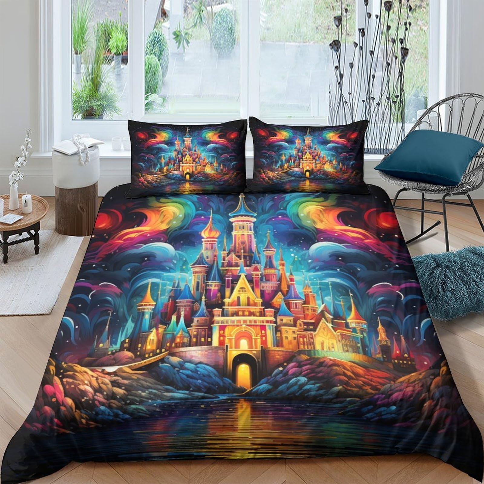Housses de couettes 3 pièces château magique en microfibre respirante et super douce double