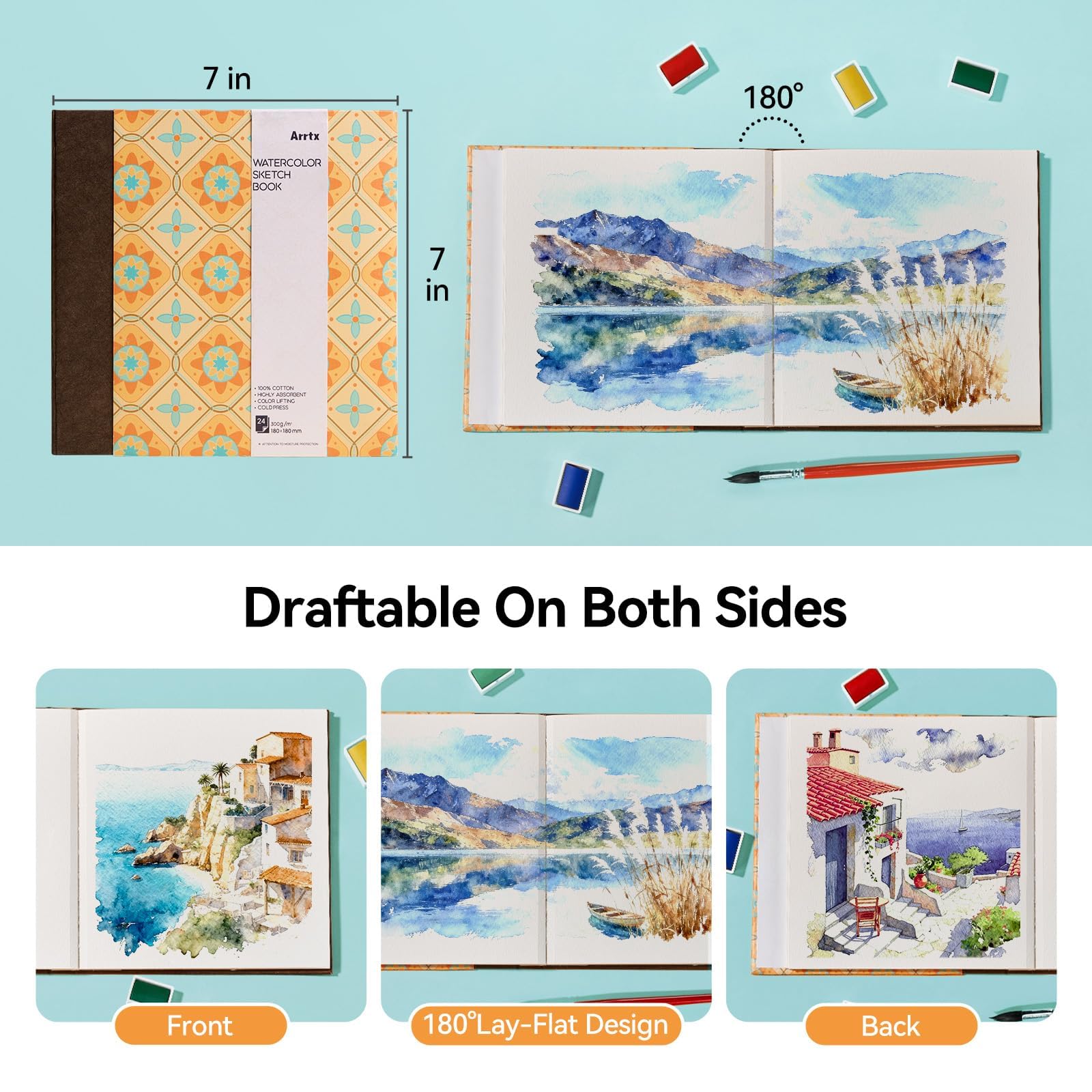 Arrtx Square Watercolor Paper Sketchbook, 7.09x7.09'', 140 LB, 300 GSM, 100% Cotton Paper, Cold Press, 24 Sheets, Hardcover Watercolor Journal for Use As Travel Notebook for Artists Adults Students image 7