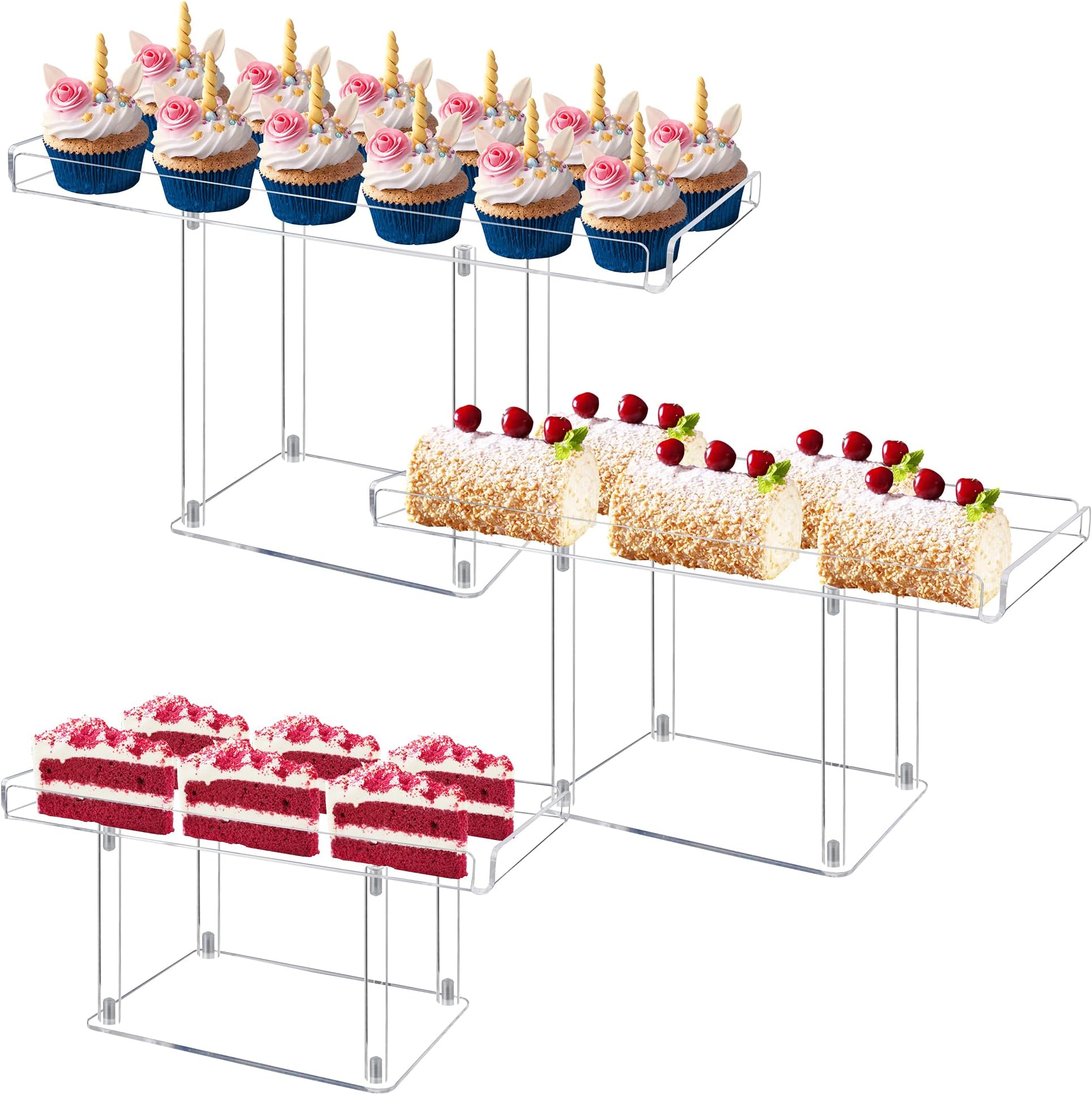 Dessert Table Display Set, 3 Pack Acrylic Dessert Stands,Buffet Risers for Cupcakes Food Pastry, Clear Serving Tray Platter for Party Birthday Wedding