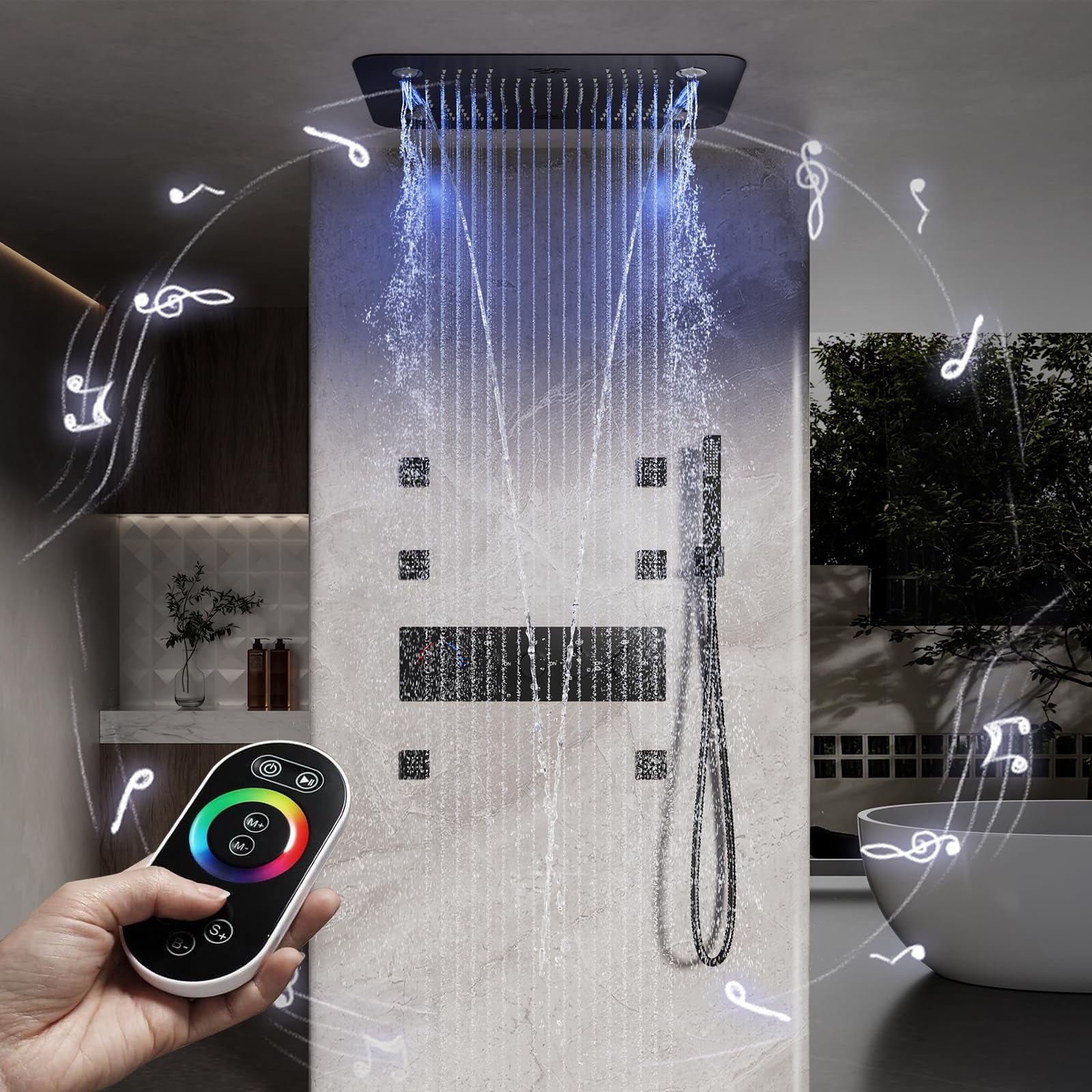 Colonna Doccia Termostatico con Musica, 64 Colori RGB LED Colonna Doccia Incasso con 3 Modalità 580 * 380 Mm Soffione Doccia a Pioggia, 6PCS Getti Idromassaggio, Miscelatore Doccia Incasso, Doccetta