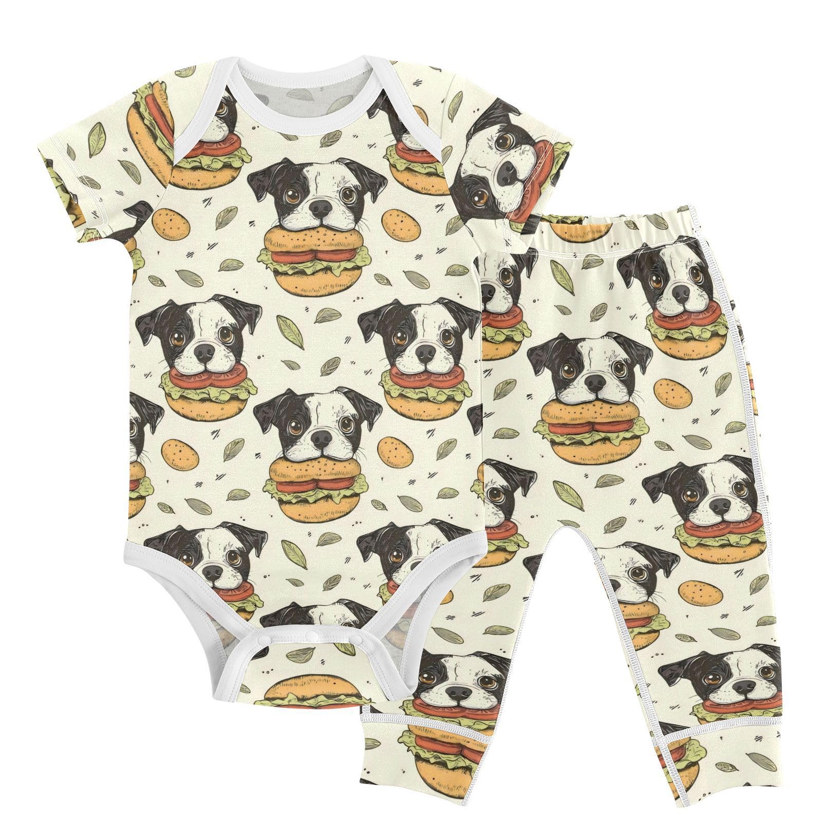 vvfelixl Cartoon Hamburger Dog Baby Bodysuits Set,Baby Layette Sets Unisex Short Sleeve Babys Pants Sets 6-9M