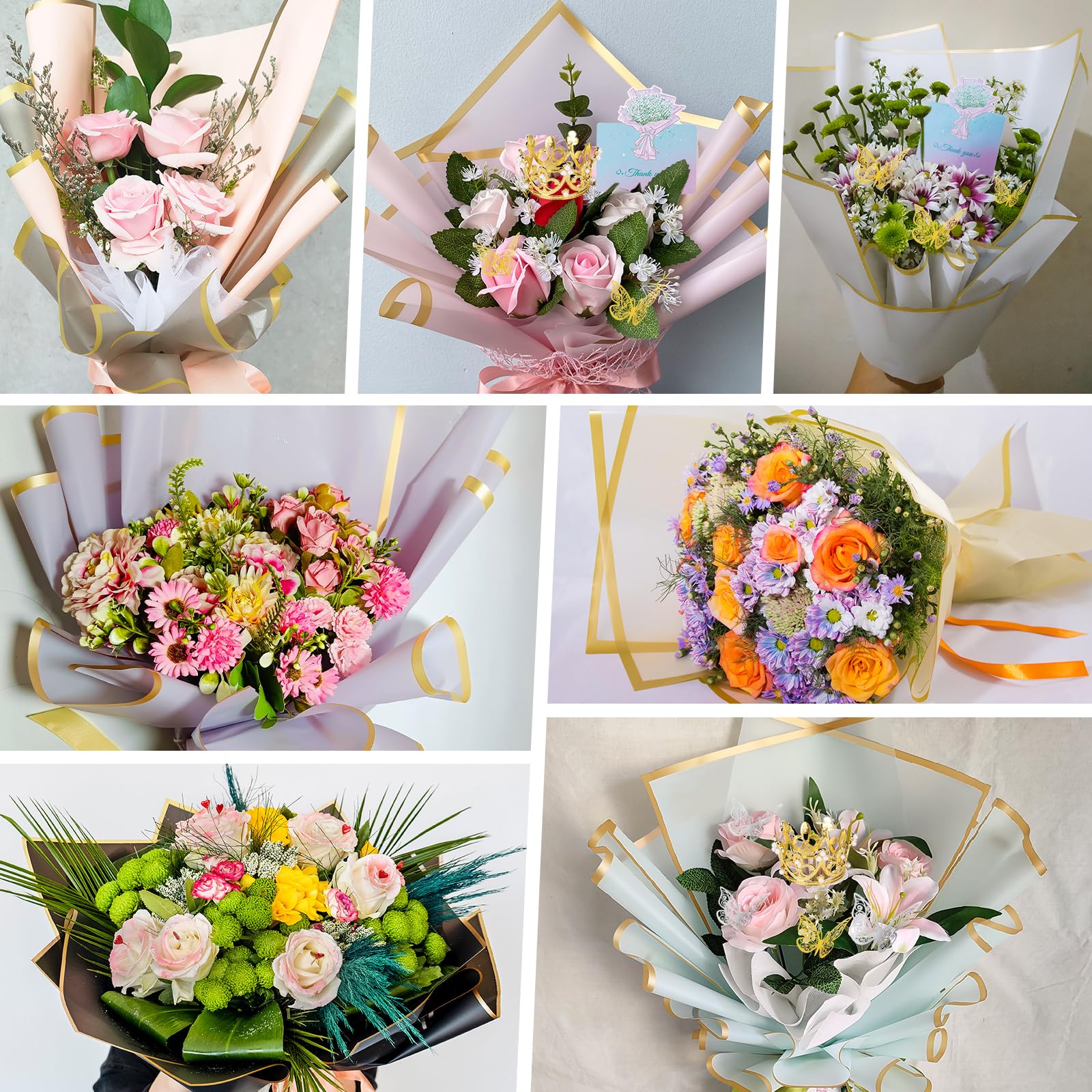 homdat Blumenstrauß Papier Set, bestehend aus 100 Blatt Geschenkpapier mit Blumenmuster, Bändern, Grußkarten, Diamantbroschen, 3D-Schleifen und Blumenkränzen zum Verpacken von Blumengeschenken,58 cm