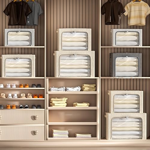 Miniatura 7 de Paquete de 4 contenedores de almacenamiento de ropa con marco de metal, juego organizador plegable de tela de lino con ventana transparente, asas de