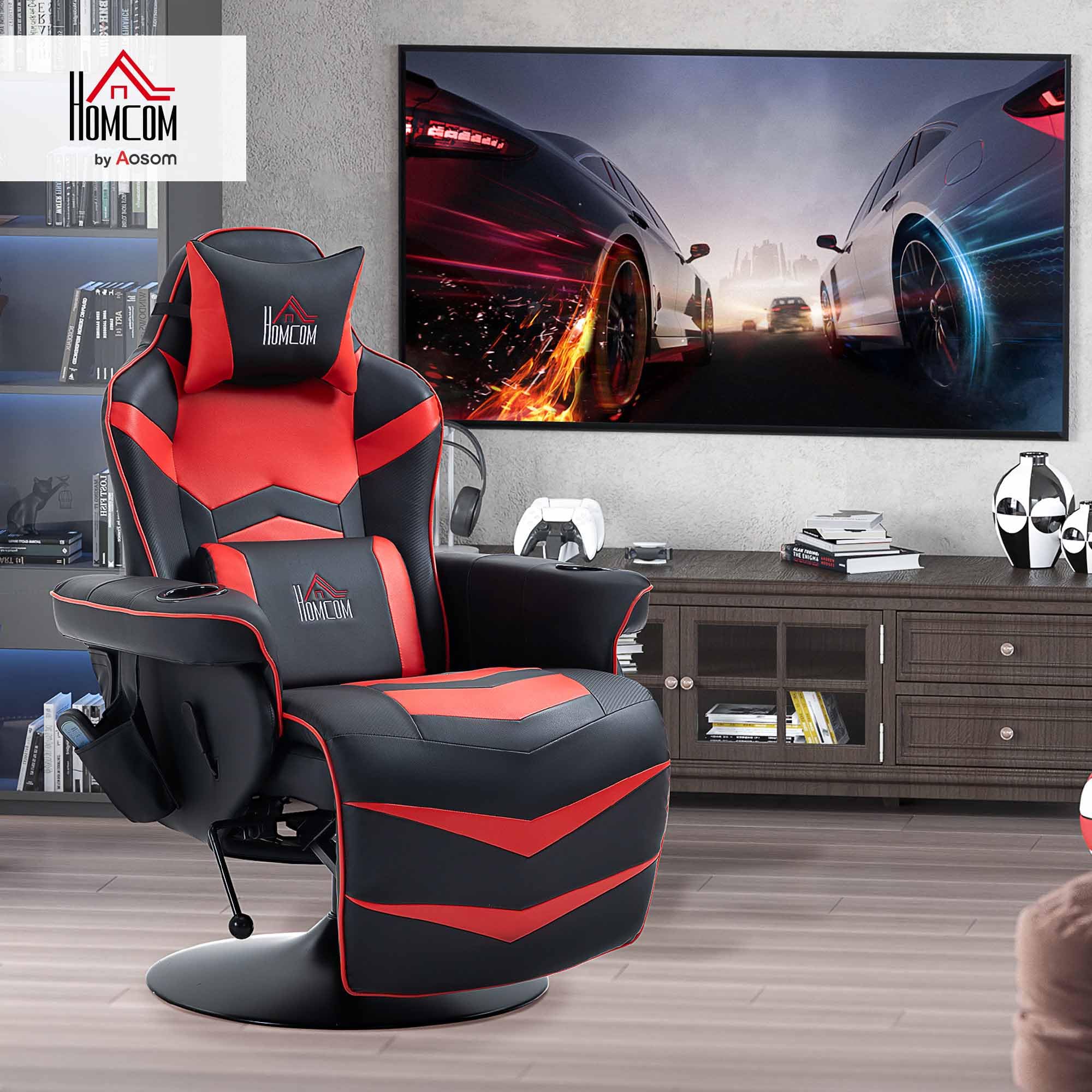 HOMCOM Sedia da Gaming Massaggiante e Reclinabile con Poggiapiedi, Portabicchieri e Cuscino, Sedia Ergonomica in Finta Pelle, Acciaio, 79.5x82.5x111.5 cm, Nero e Rosso