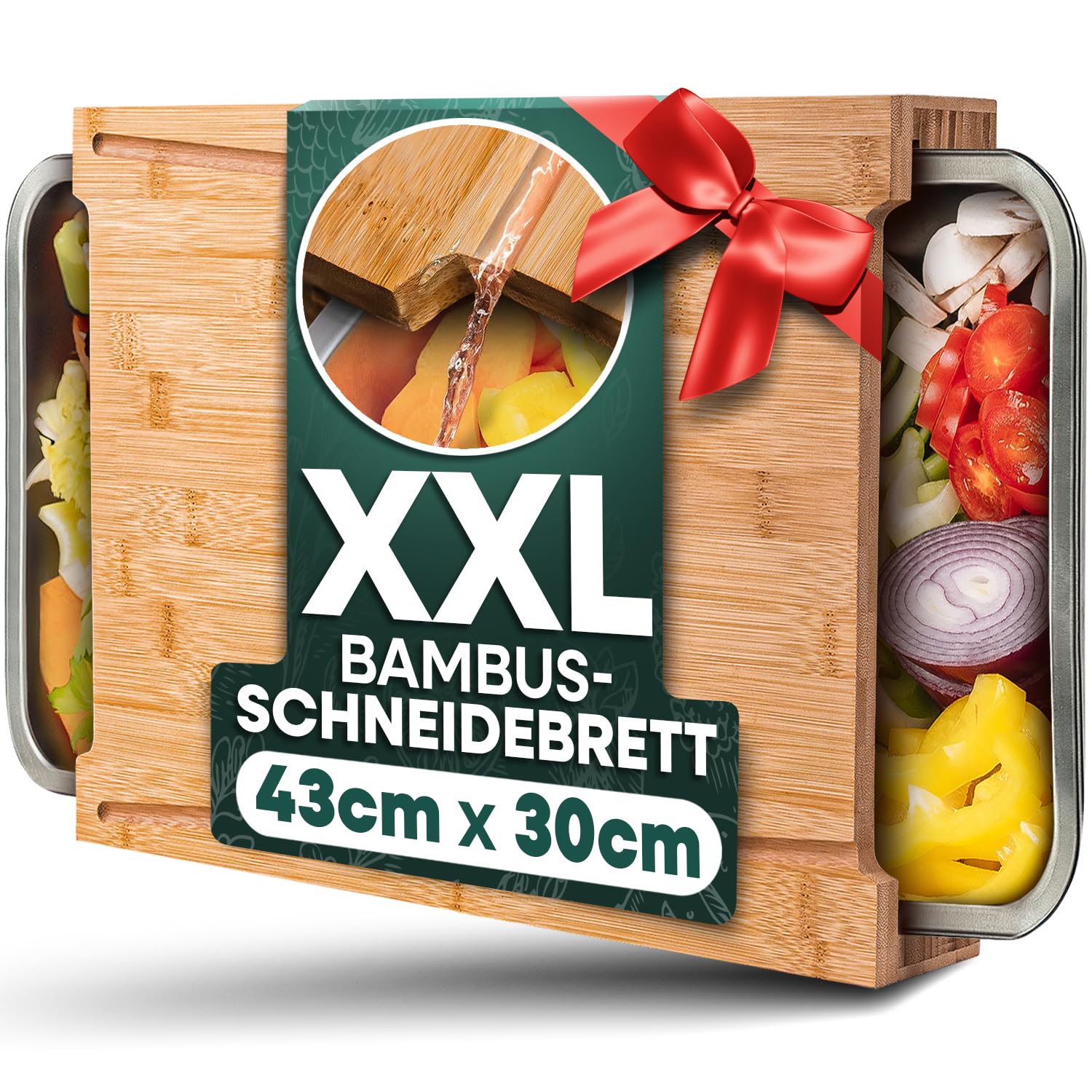 Loco Bird Planche a Decouper avec Bac Recuperateur – XXL Bambou 43x30cm 2 Bacs Inox – Grande Planche à Découper Bois – Rainures Jus – Pieds Antidérapants
