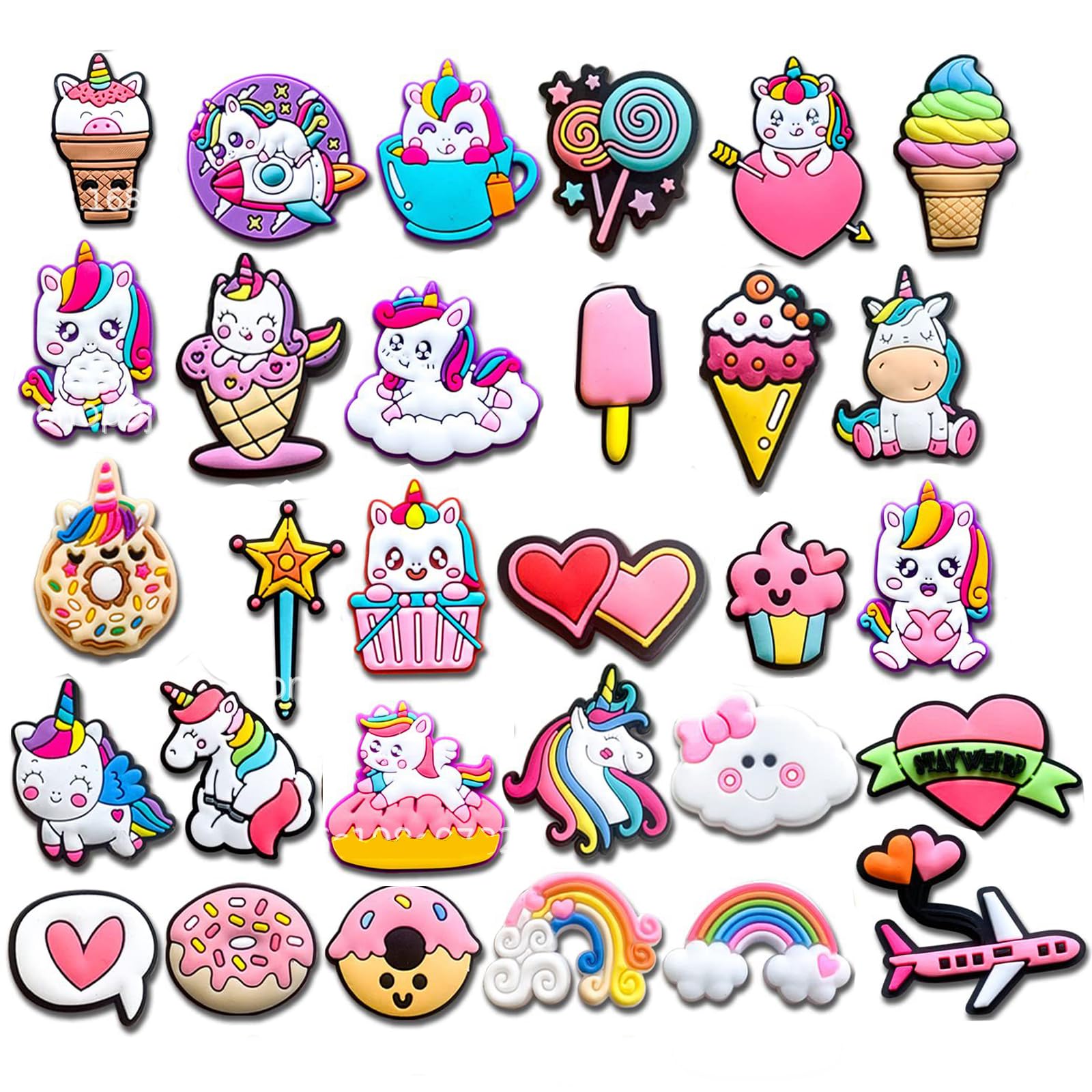 30 PCS PVC Clog Shoe Charms, Different Shape Unicorn Rainbow Shoe Decoration Charms, for Girls Women Teens Kids Party Favors Gifts, and Bracelets Wristbands