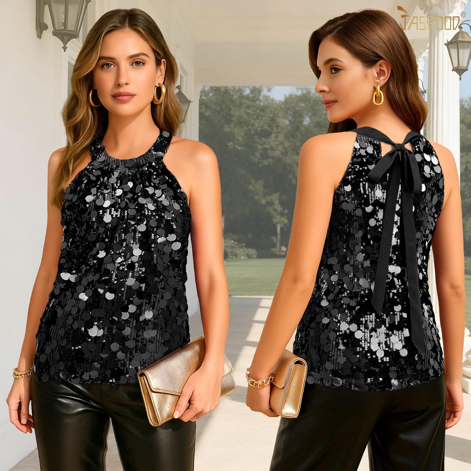 JASGOOD Halter Sequin Tank Tops for Women Sleeveless Sparkly Glitter Club Ruched Flowy Shiny Party Concert Shirt Back Ribbon - Image 2