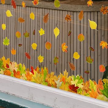 Large Fall Window Clings 47" x 7.3" Double-Sided Border for Glass with 51 Autumn Leaves Decals, Reusable Static Cling Stickers for Classroom, Home & Storefront Fall Decor