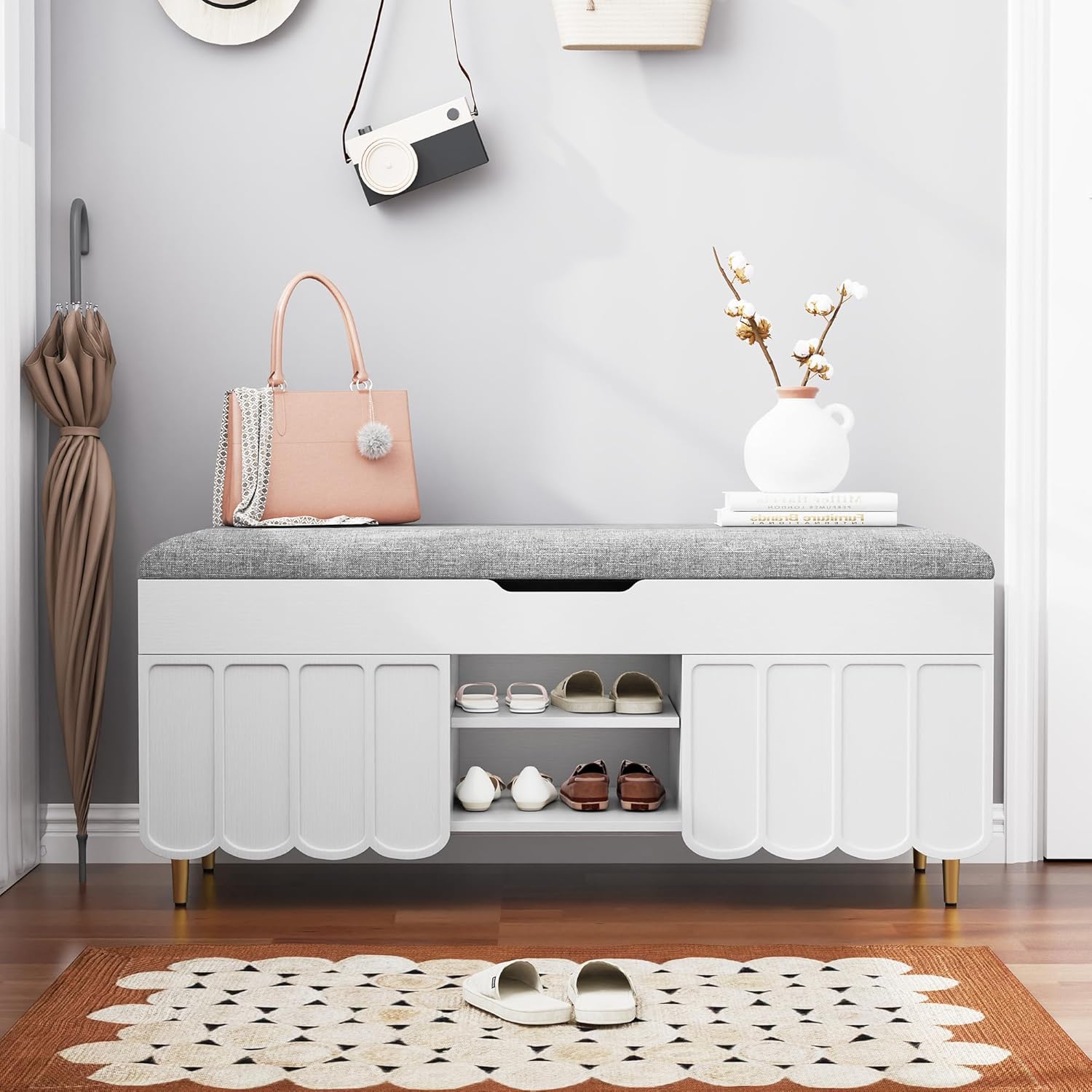 3More 40" Entryway Shoe Storage Bench,Upholstered Hidden Space Beneath Seat Cushion Bench,2-Tier Unique Geometric Shape with Wood Grain,White