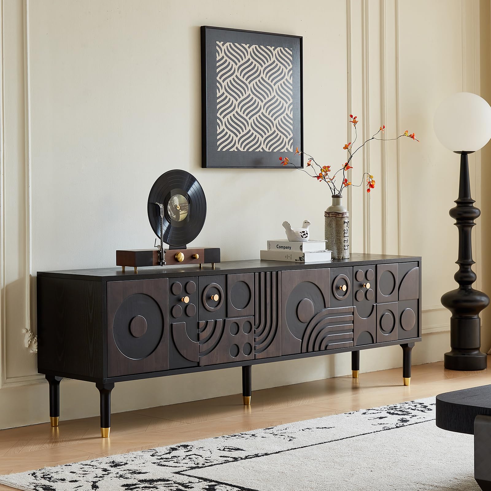 siu want Modern TV Stand, 66.9 inches, Black finish with carved geometric doors.