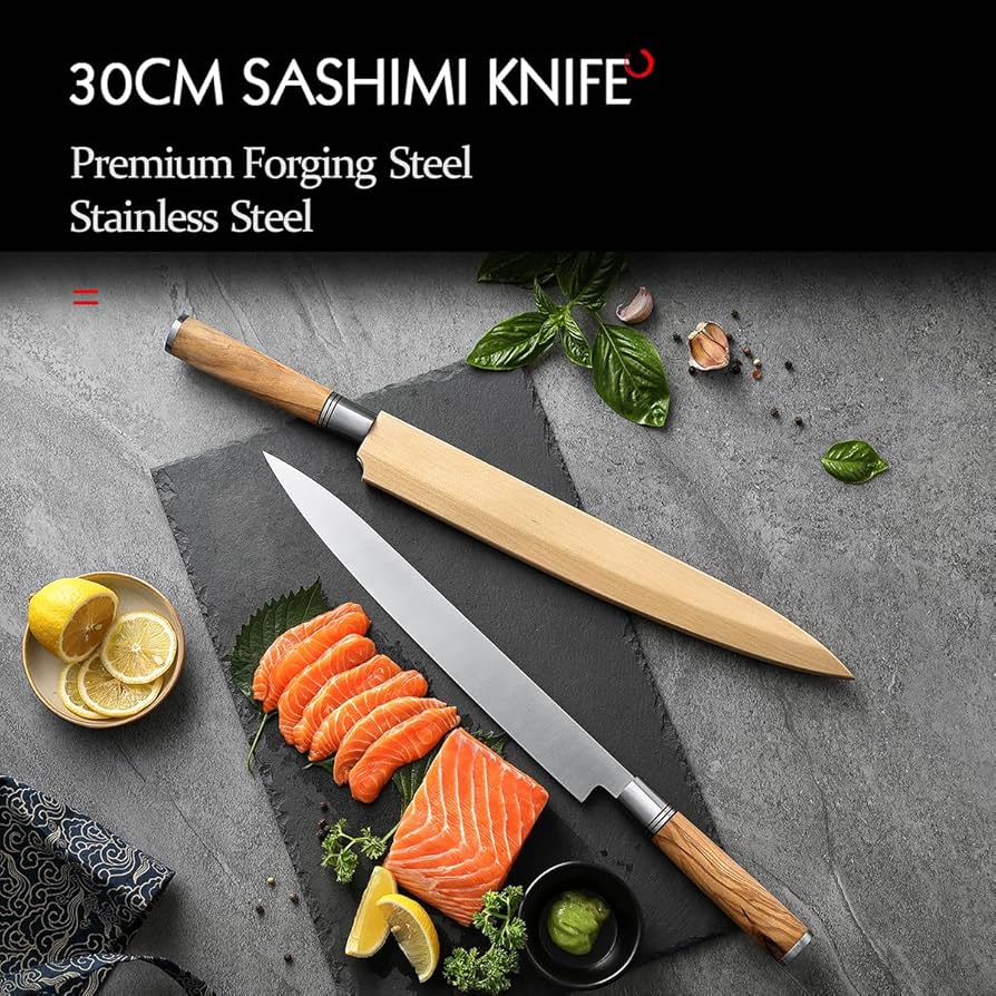 おさしみ Amazon.com: HEZHEN 300 公釐刺身刀,鍛鋼壽司柳葉刀,壽司切片,木