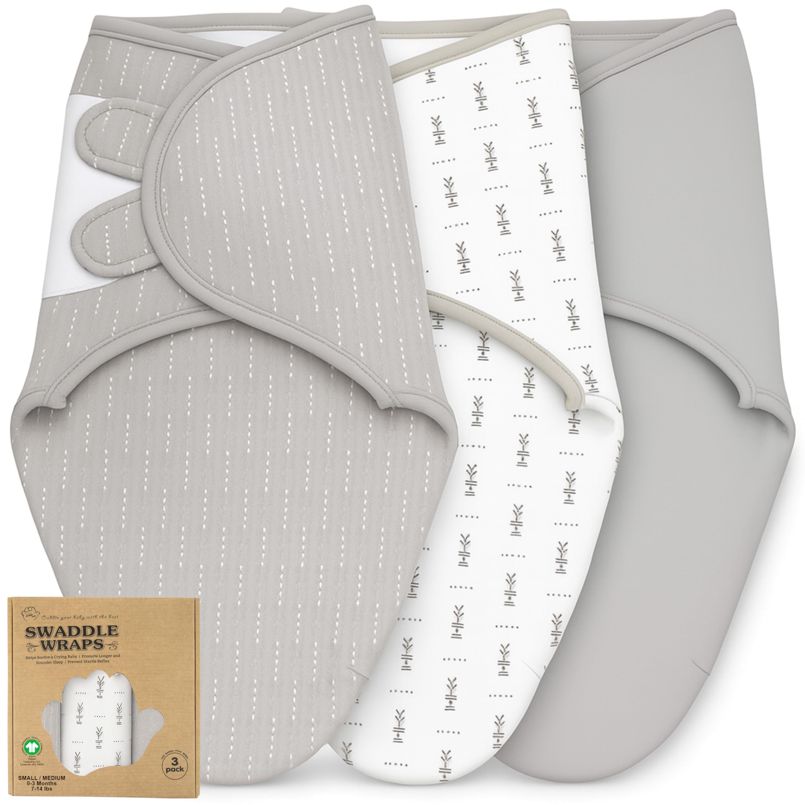 Baby Swaddle Blanket 3-Pack – Organic Cotton Adjustable Swaddle Wrap for Newborns 0-3 Months – Infant Sleep Sack for Baby Girl or Boy – Soft Breathable Swaddling Blankets, Grey
