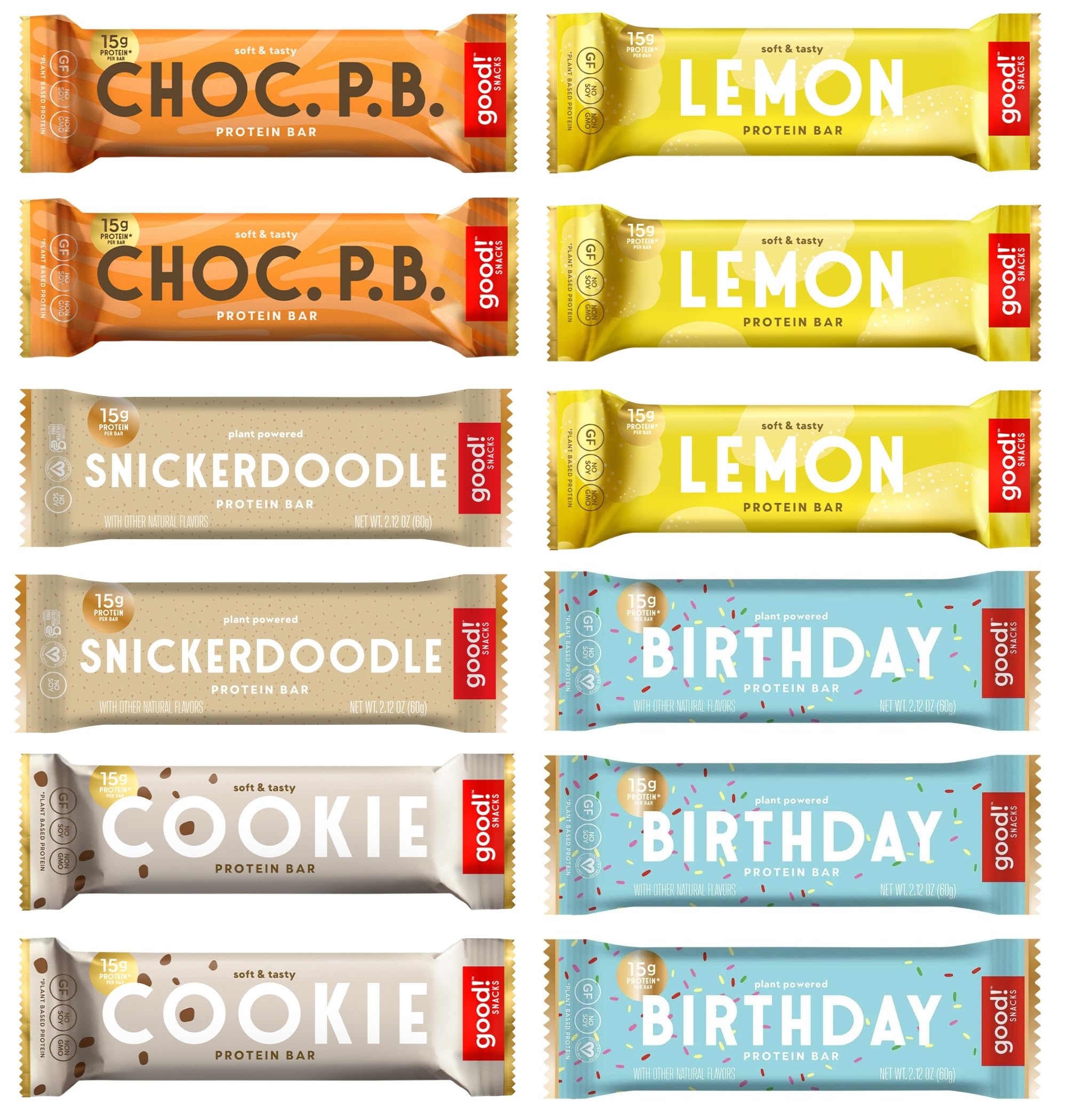 good! Snacks 5 Flavor Variety Pack, Vegan Protein Bars, Soy & Gluten Free, Plant Based, Low Sugar, 15g Clean Protein, Healthy Superfood Snack, 12 Bars