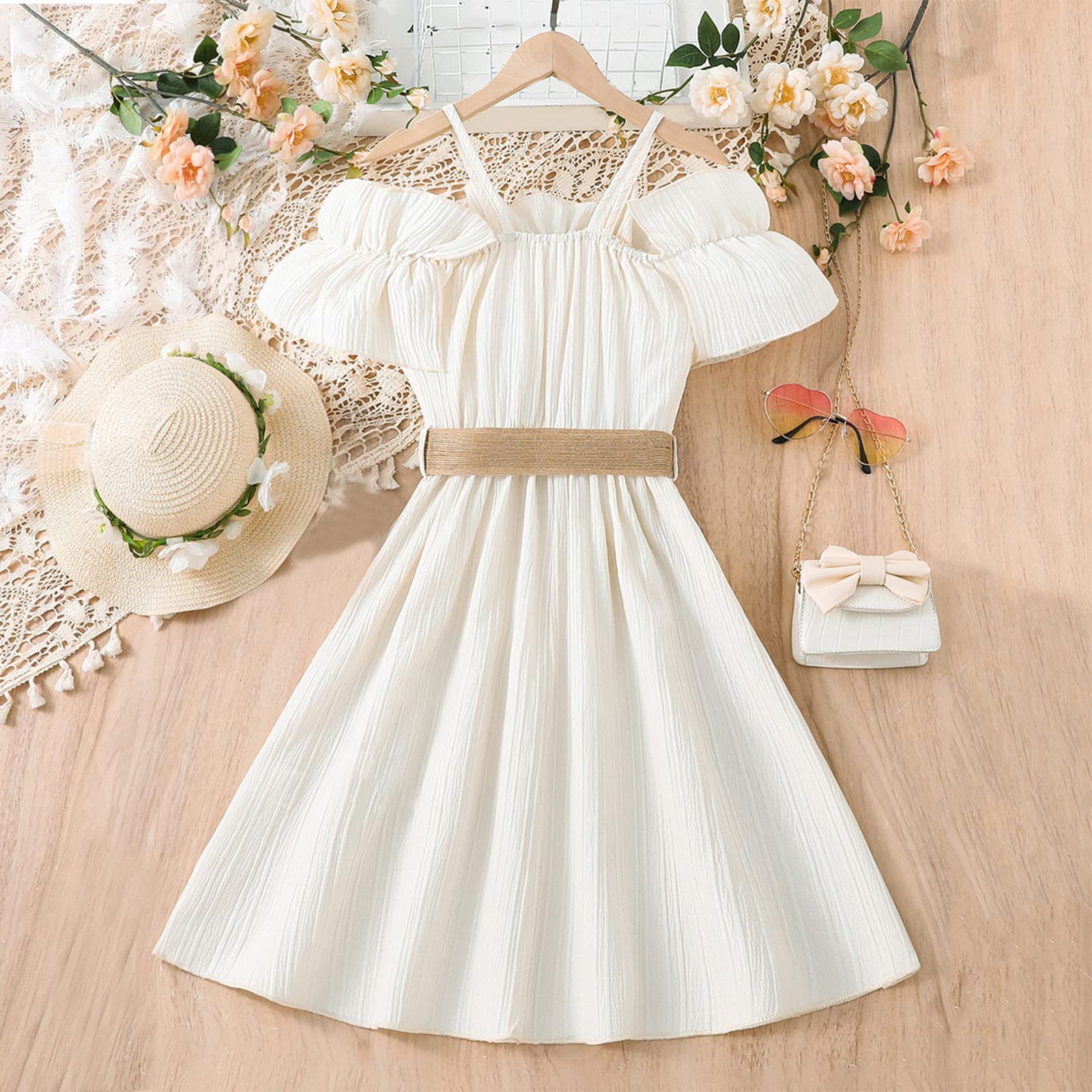 Vestito estivo da ragazza, con spalline sottili, spalle scoperte, boho, prendisole per bambini, casual, vacanze, spiaggia, maniche, volant, linea svasata, abito midi