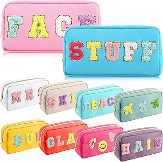 10 Pcs Preppy Patch Makeup Bag Nylon Cosmetic Bag Set Chenille Letter Patches Makeup Bag Large Capacity Travel Cosmetic Bag Cosmetic Preppy Tote Bag Toiletry Storage Bag for Women (Multi Colors)