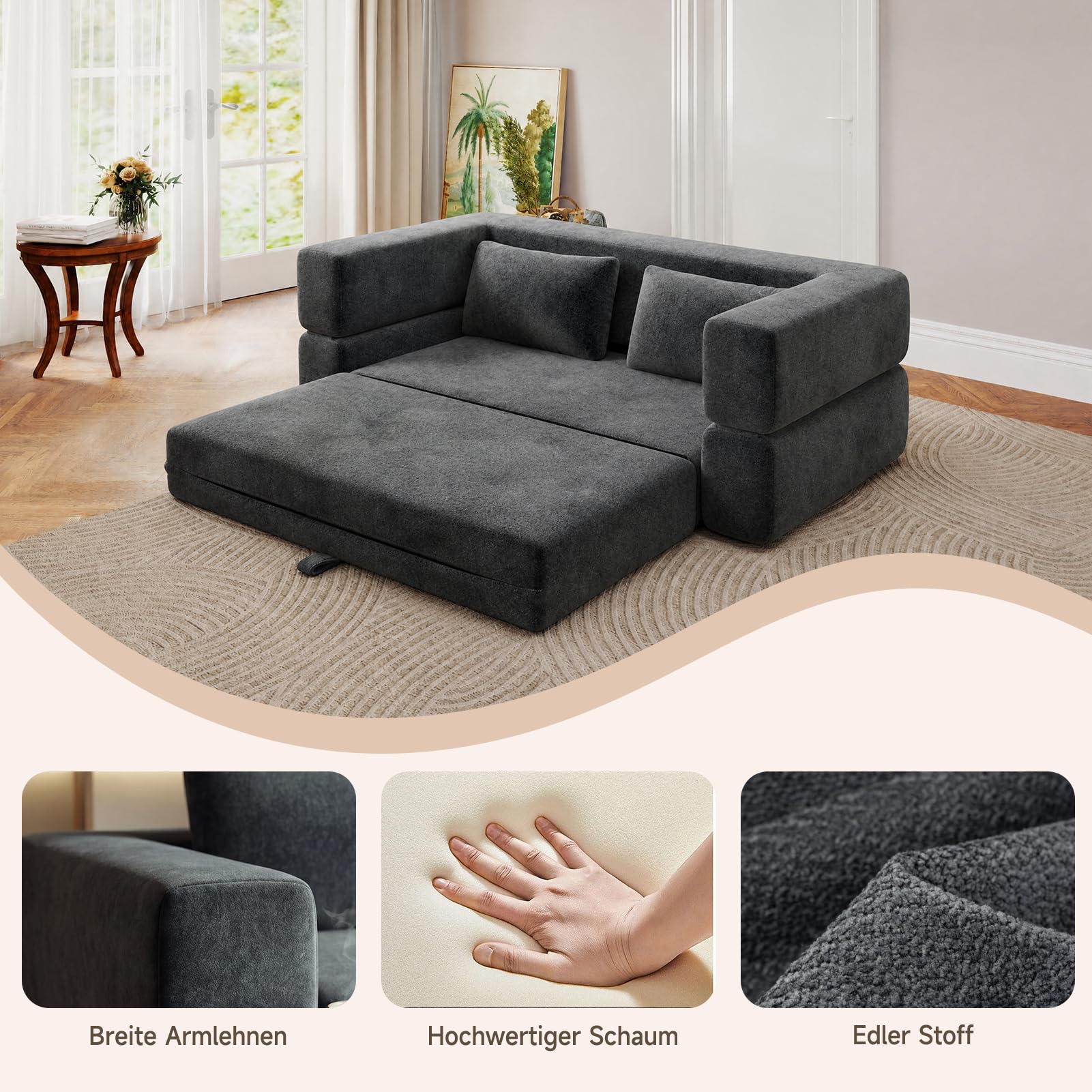 HAUSPROFI 3 in 1 Boneless Couch, Bodensofa Bed, Klappbares Sofa mit Schlaffunktion 2 Sitzer Chenille Schlafsesse für Schlafzimmer, Wohnzimmer und kleine Räume (Dunkelgrau)