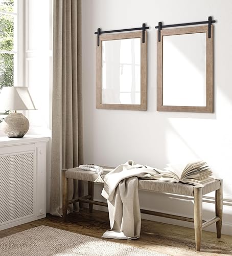 Miniatura 4 de KARTOOSH Espejo de pared de granja negro estilo puerta de granero, espejo rectangular con marco de madera maciza, espejo rústico montado en la pared