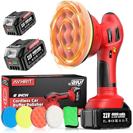 6 Inch Cordless Car Buffer Polisher: 2x4000mAh Batteries Car Buffer, Car Waxer Kit with 8 mm Orbit Block & 6 Speed Control (2500-6000 RPM) - for Car/Boat Detailing, Scratch Removal and Waxing