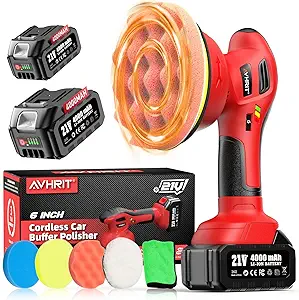 6 Inch Cordless Car Buffer Polisher: 2x4000mAh Batteries Car Buffer, Car Waxer Kit with 8 mm Orbit Block & 6 Speed Control (2500-6000 RPM) - for Car/Boat Detailing, Scratch Removal and Waxing