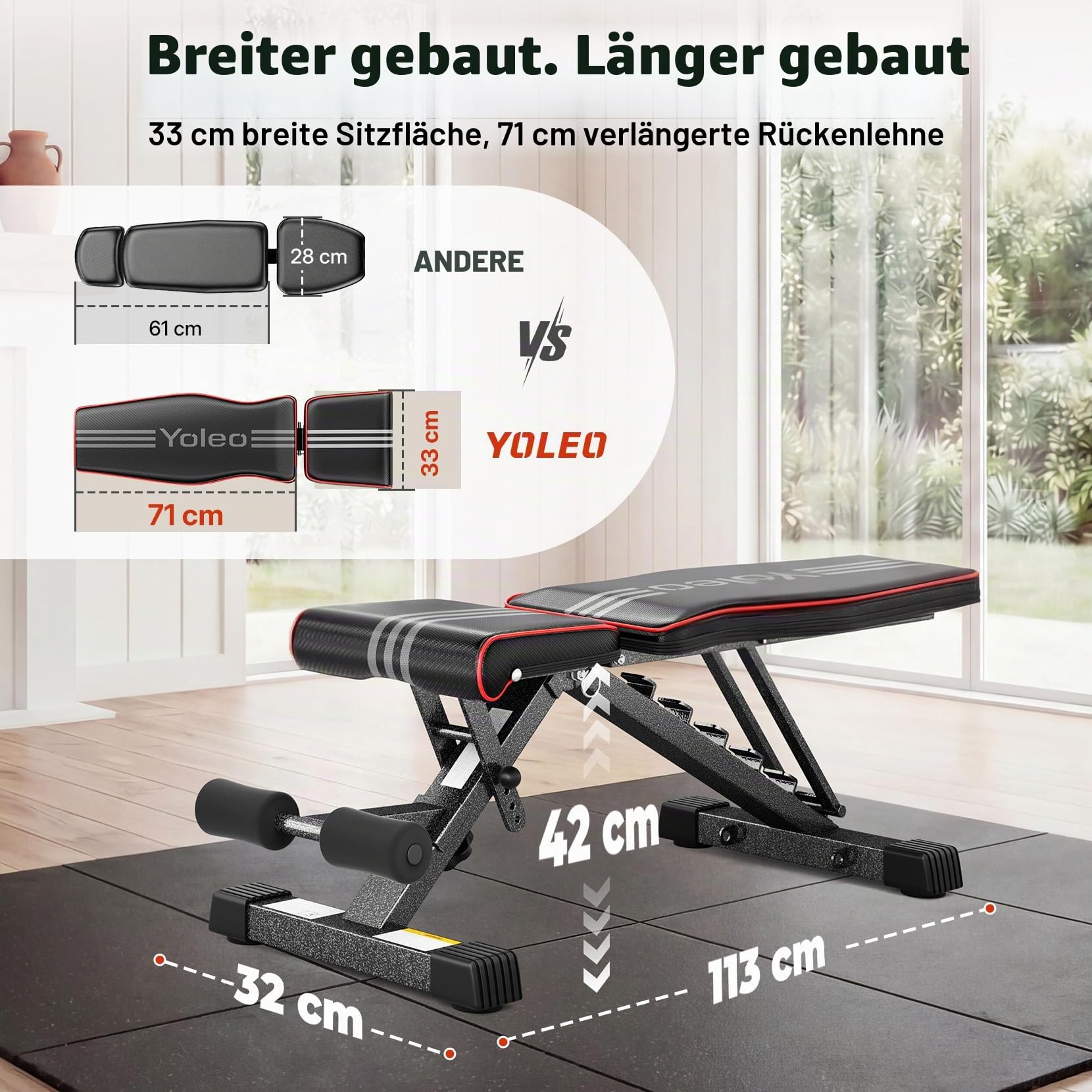 YOLEO Klappbare Hantelbank, ENISO-zertifiziert mit 375KG/400KG Tragfähigkeit, 98% Vormontiert, klappbare Fitnessbank mit 99 Positionen Steigung/Gefälle/Flach, Breiterer Sitz