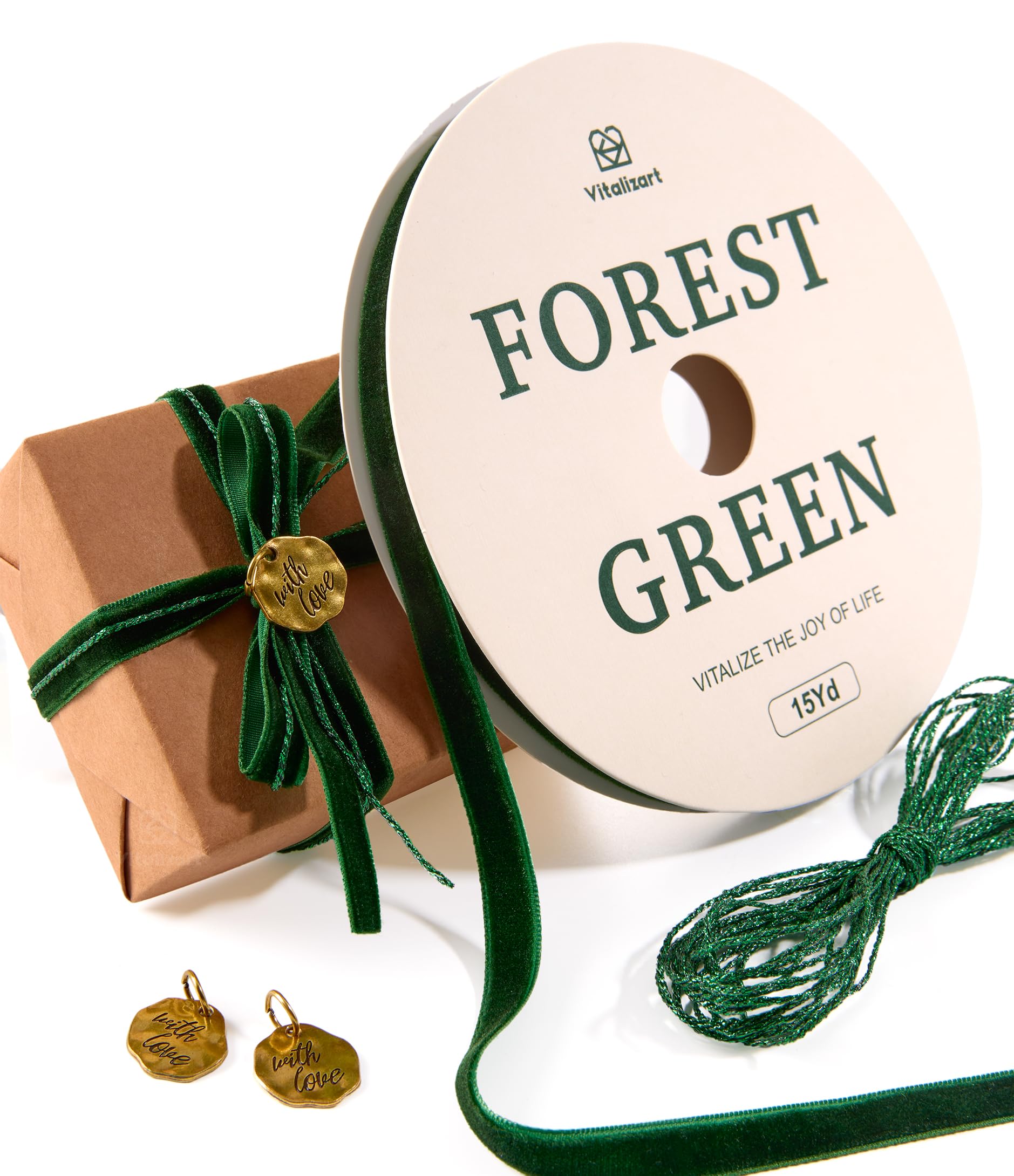Vitalizart Green Velvet Ribbon 3/8" x 15 Yd with Twine & Metallic Charms, Continuous Fabric for Gift Wrapping, Bows, Tree Ornaments, Festival Decoration, Wrapping Paper