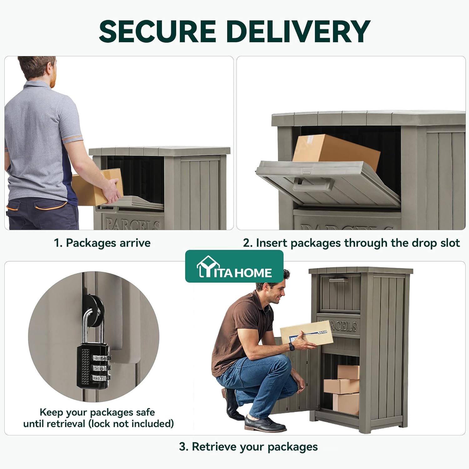 YITAHOME Anti-Theft Package Delivery Box for Outside w/Lockable Security System, Outdoor Waterproof Parcel Drop Storage Boxes Resin Drop Box for Porch House Curbside, Taupe - Image 4
