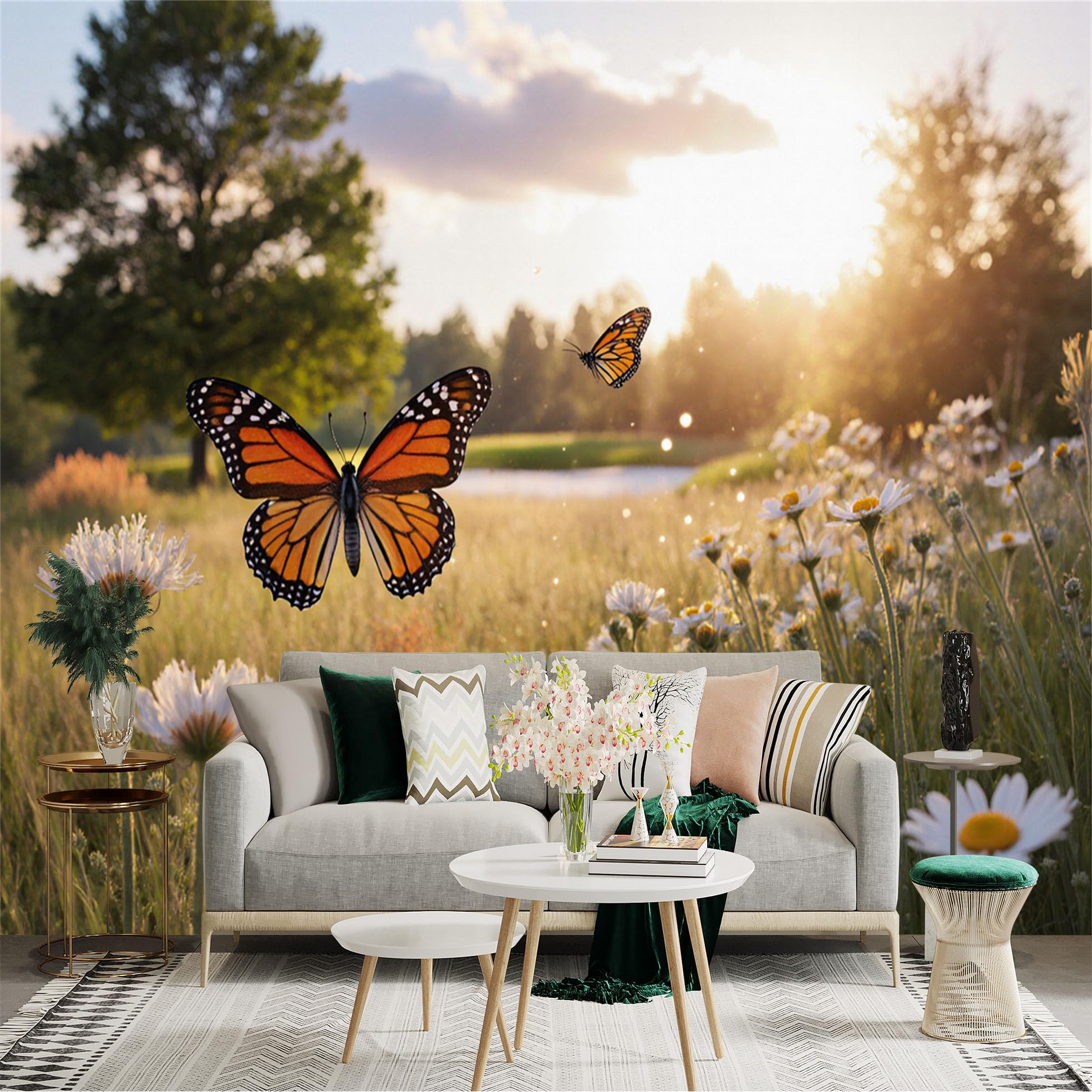 Custom Size Wall Sticker Mural， Monarch Butterflies Flying in Wildflower Meadow， Golden Hour Sunlight， Springtime Nature Scene， for wall Decoration， peelandstick wall Decals.