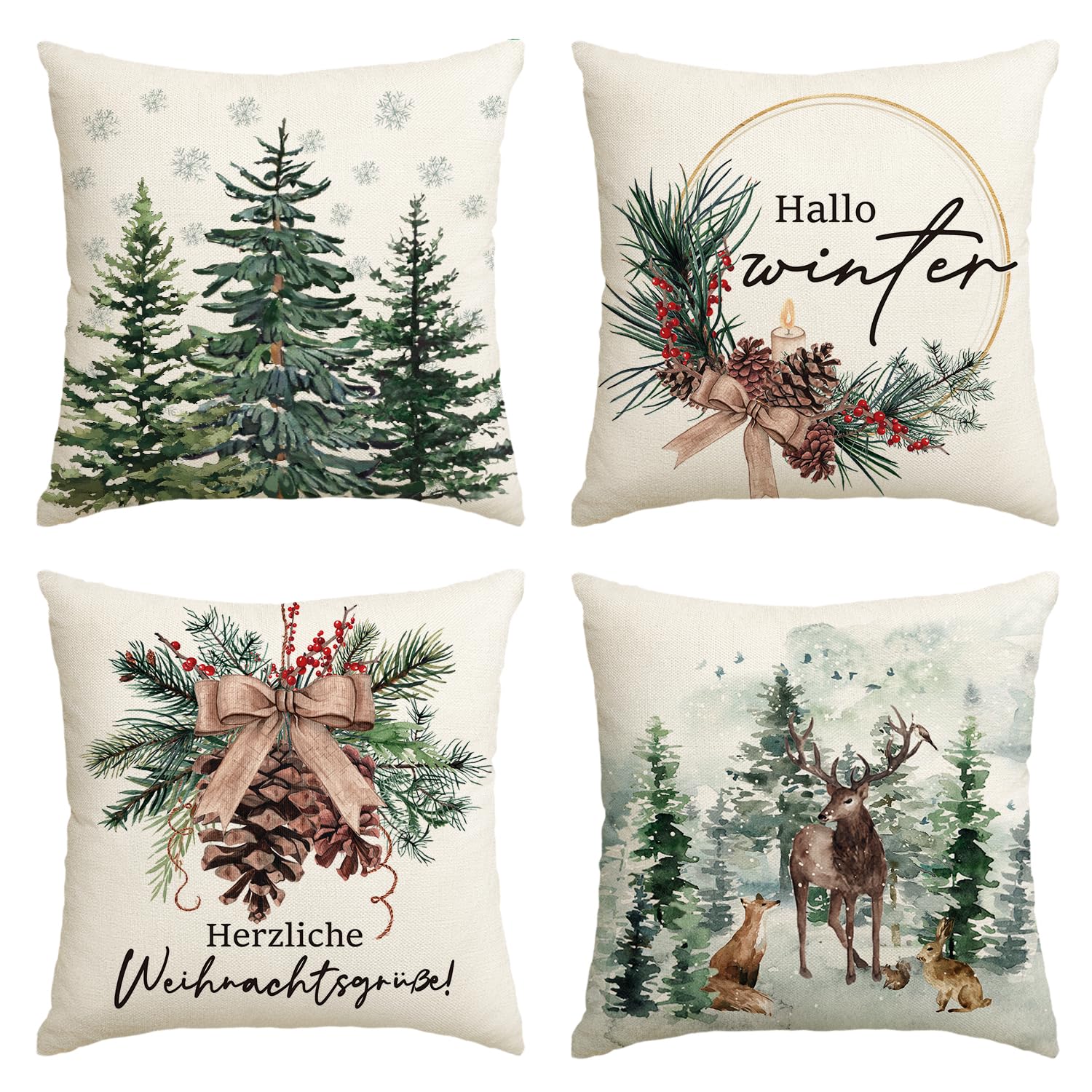 Artoid Mode Federe Cuscino 45x45 Cm – Set Da 2 Con Fiocchi Di Neve, Alberi, Renne E Stella Di Natale