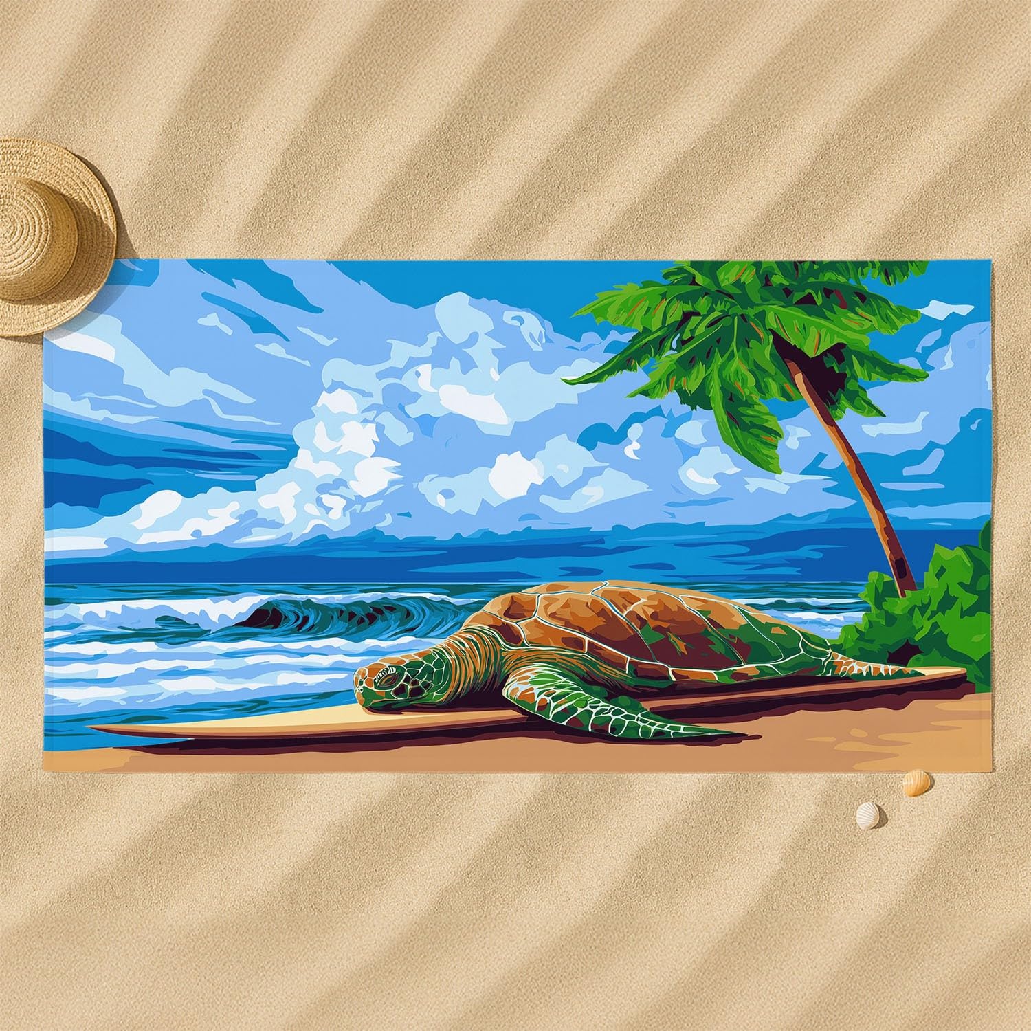 Cartoon, Strand, Sommer, Weiße Wolken Strandtuch 200 x 145 cm – Saugfähiges Schnell trocknendes Strandtuch Surfbretter, Meeresschildkröten, Blauer Himmel für Campen, Picknick, Ausflüge